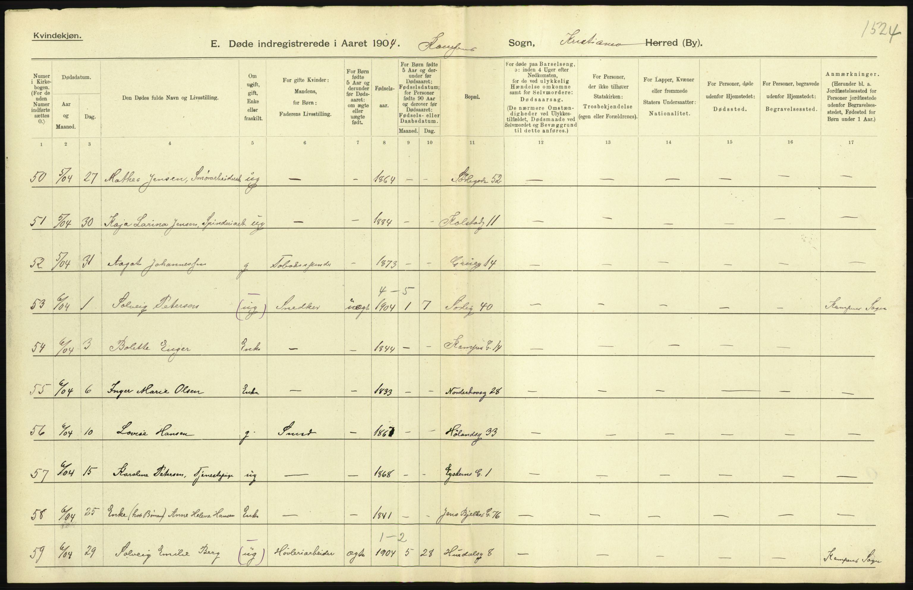 Statistisk sentralbyrå, Sosiodemografiske emner, Befolkning, AV/RA-S-2228/D/Df/Dfa/Dfab/L0004: Kristiania: Gifte, døde, 1904, p. 515