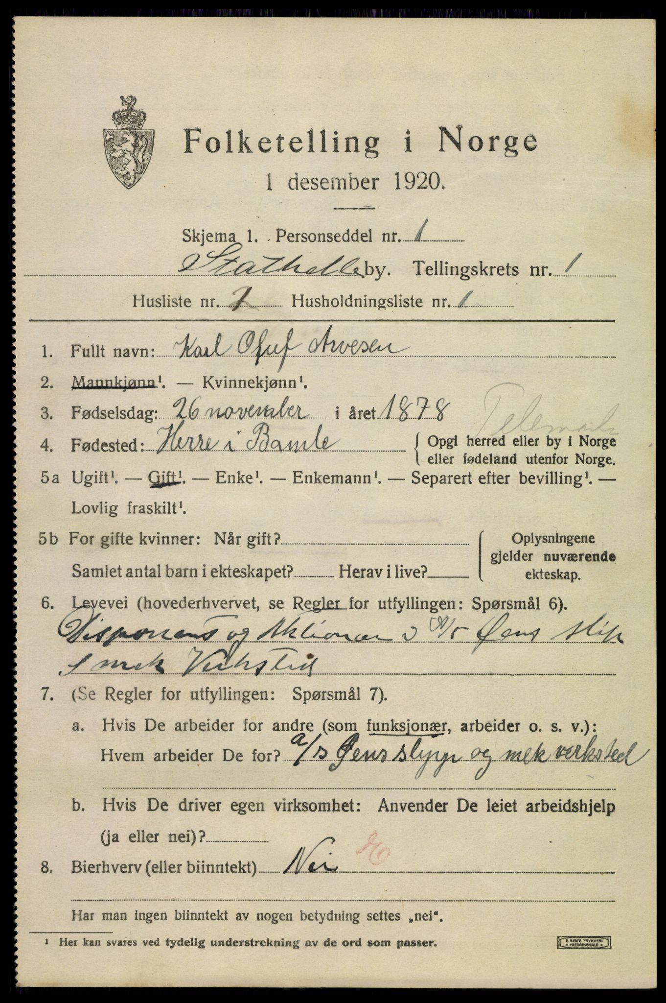 SAKO, 1920 census for Stathelle, 1920, p. 551