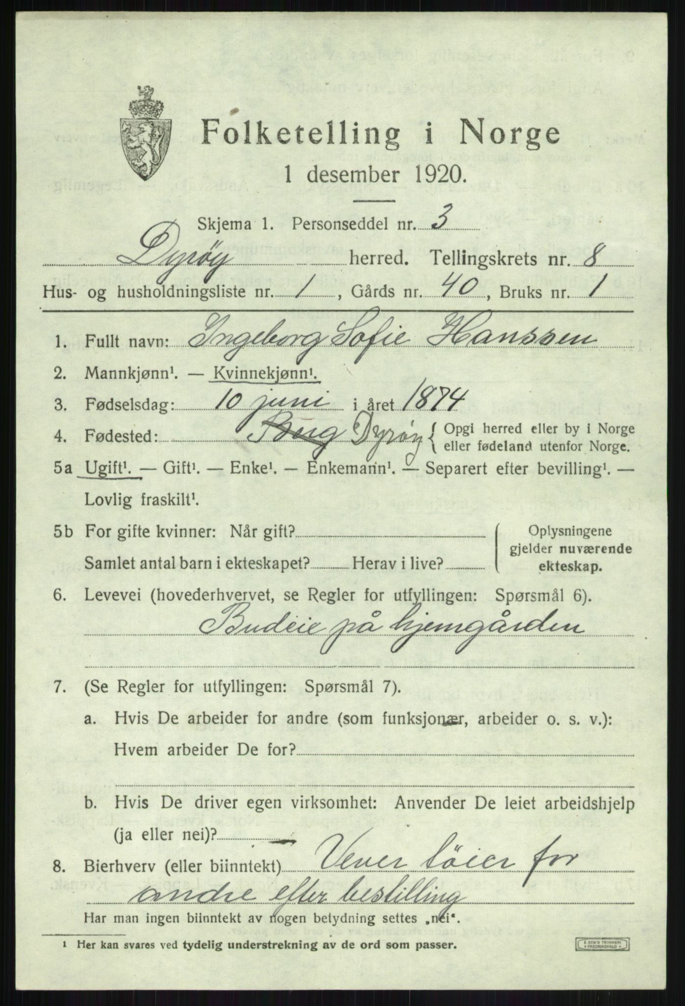 SATØ, 1920 census for Dyrøy, 1920, p. 4103