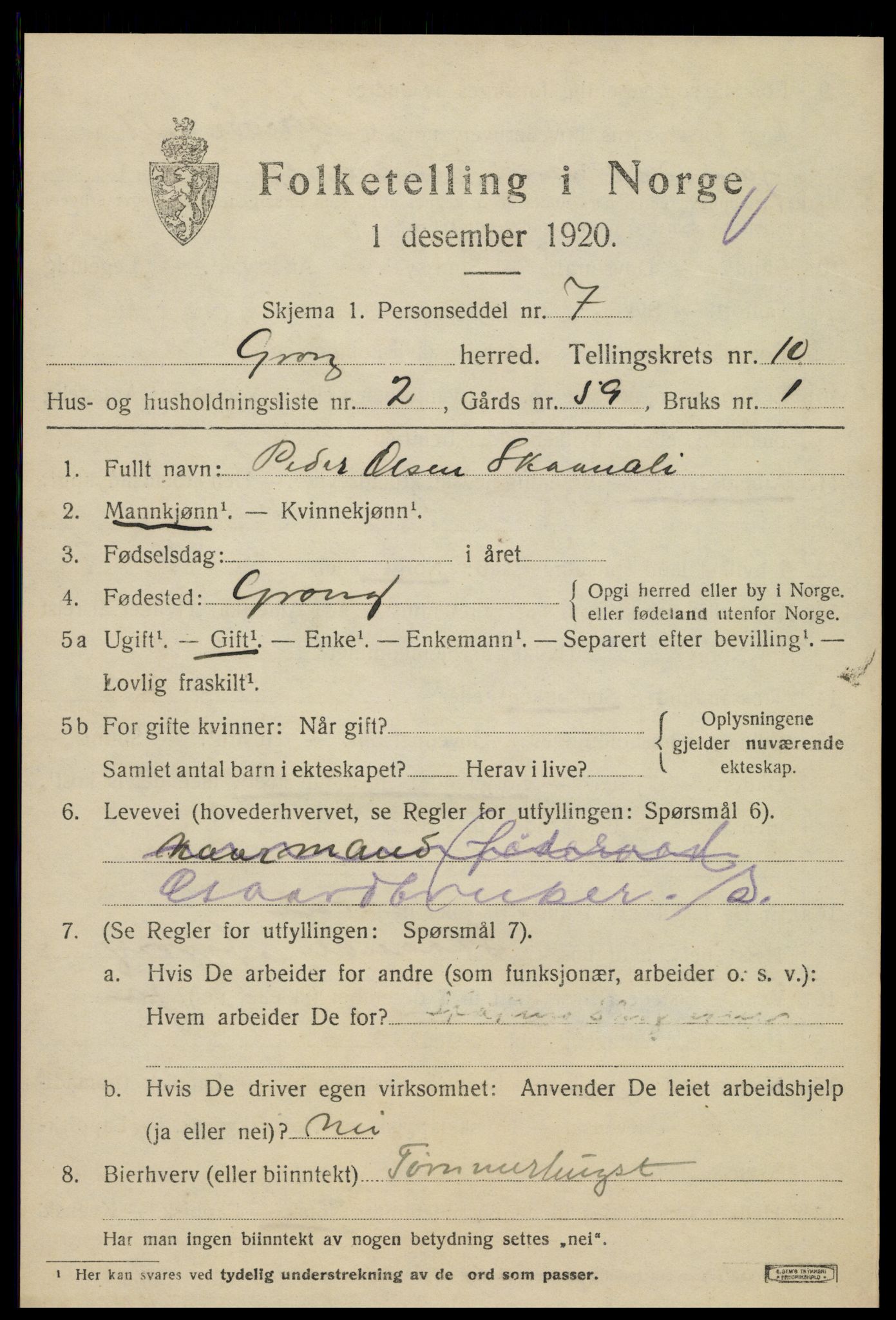SAT, 1920 census for Grong, 1920, p. 5609