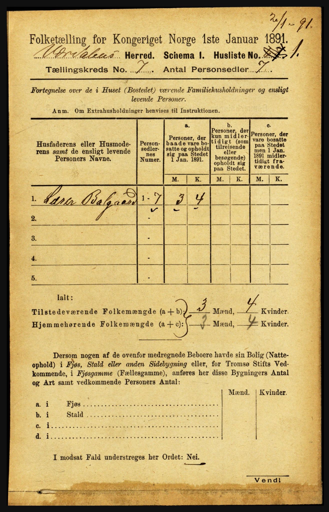 RA, 1891 census for 1721 Verdal, 1891, p. 3915