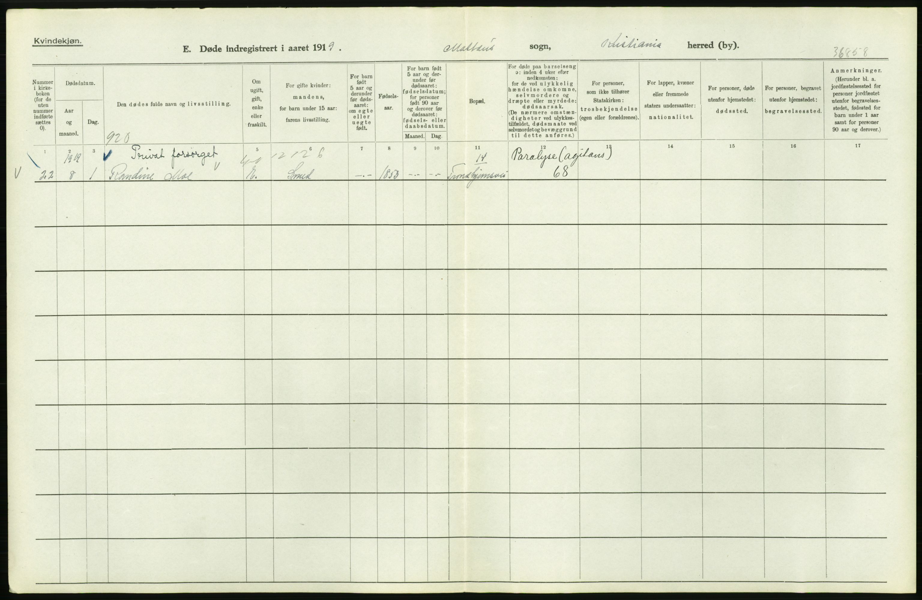 Statistisk sentralbyrå, Sosiodemografiske emner, Befolkning, RA/S-2228/D/Df/Dfb/Dfbi/L0010: Kristiania: Døde, 1919, p. 694