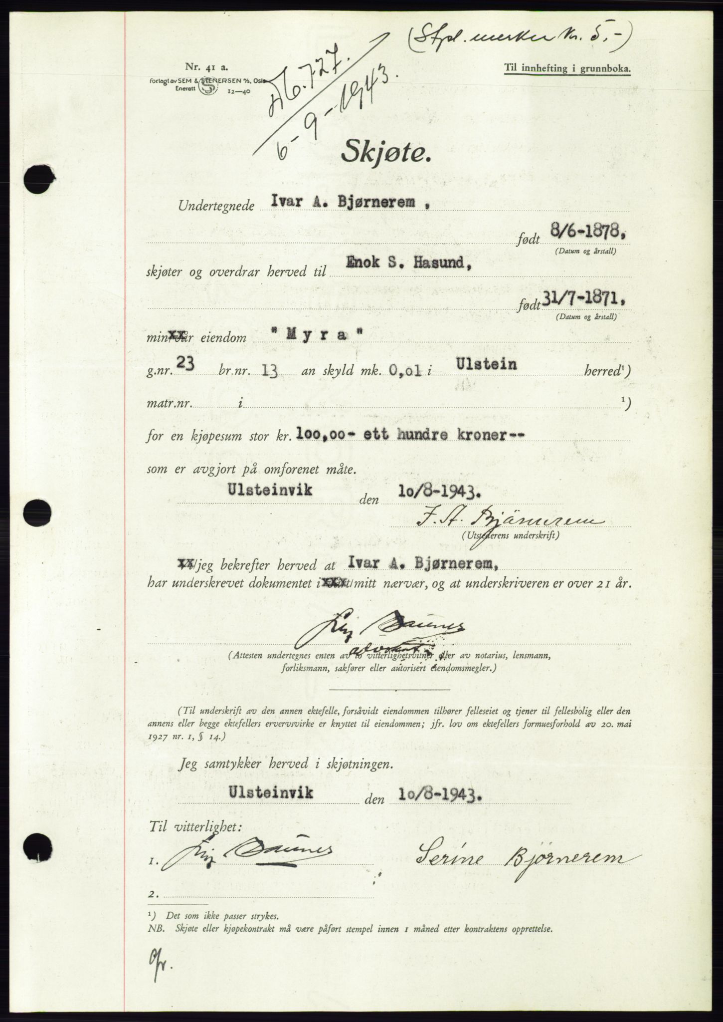 Søre Sunnmøre sorenskriveri, AV/SAT-A-4122/1/2/2C/L0075: Mortgage book no. 1A, 1943-1943, Diary no: : 727/1943