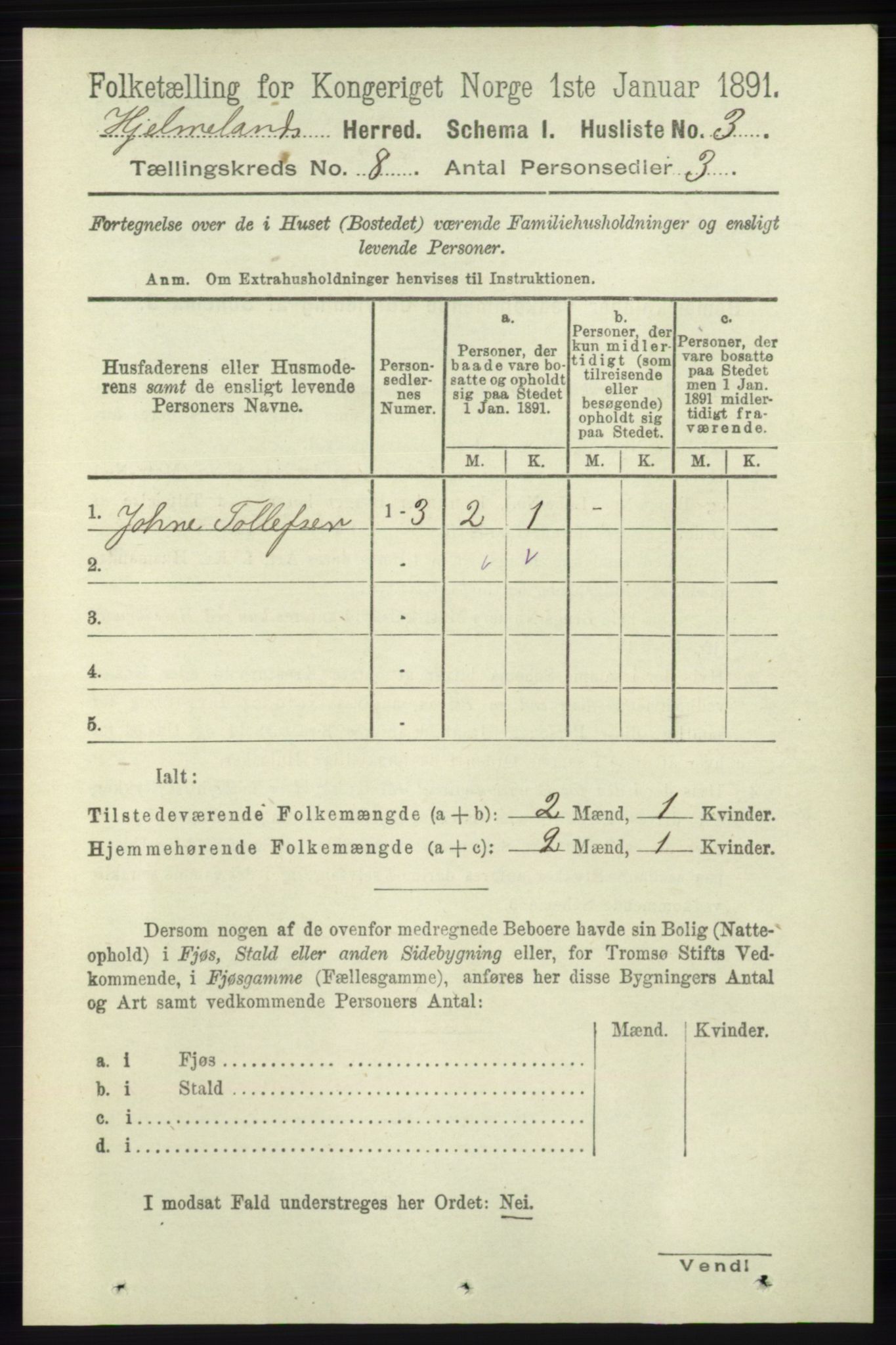 RA, 1891 census for 1133 Hjelmeland, 1891, p. 2413