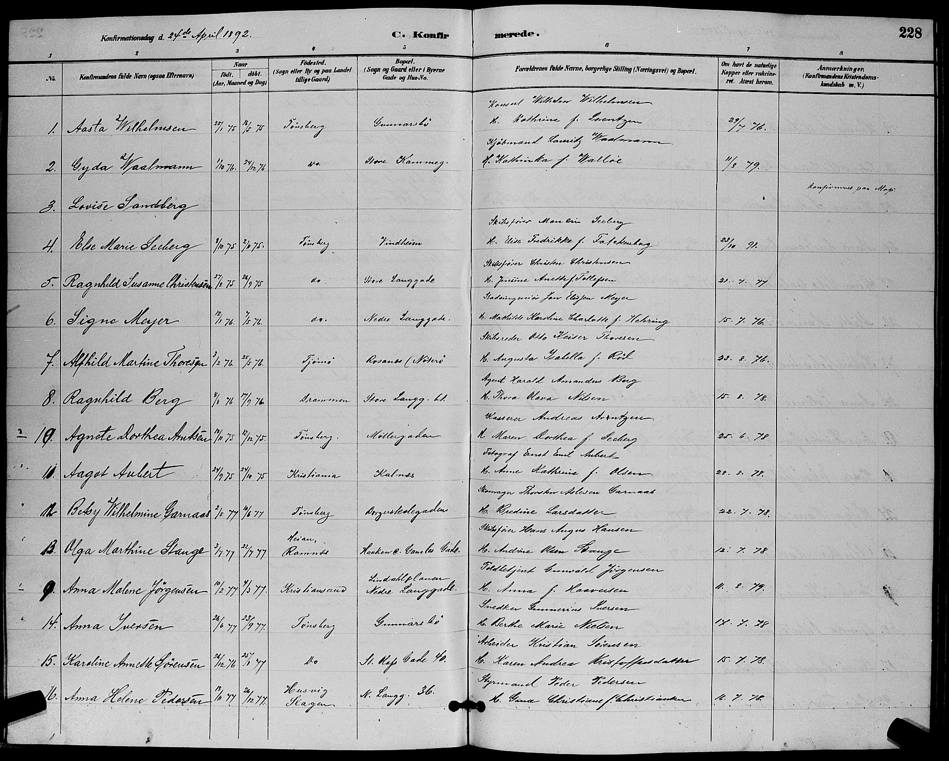 Tønsberg kirkebøker, AV/SAKO-A-330/G/Ga/L0006: Parish register (copy) no. 6, 1885-1895, p. 228