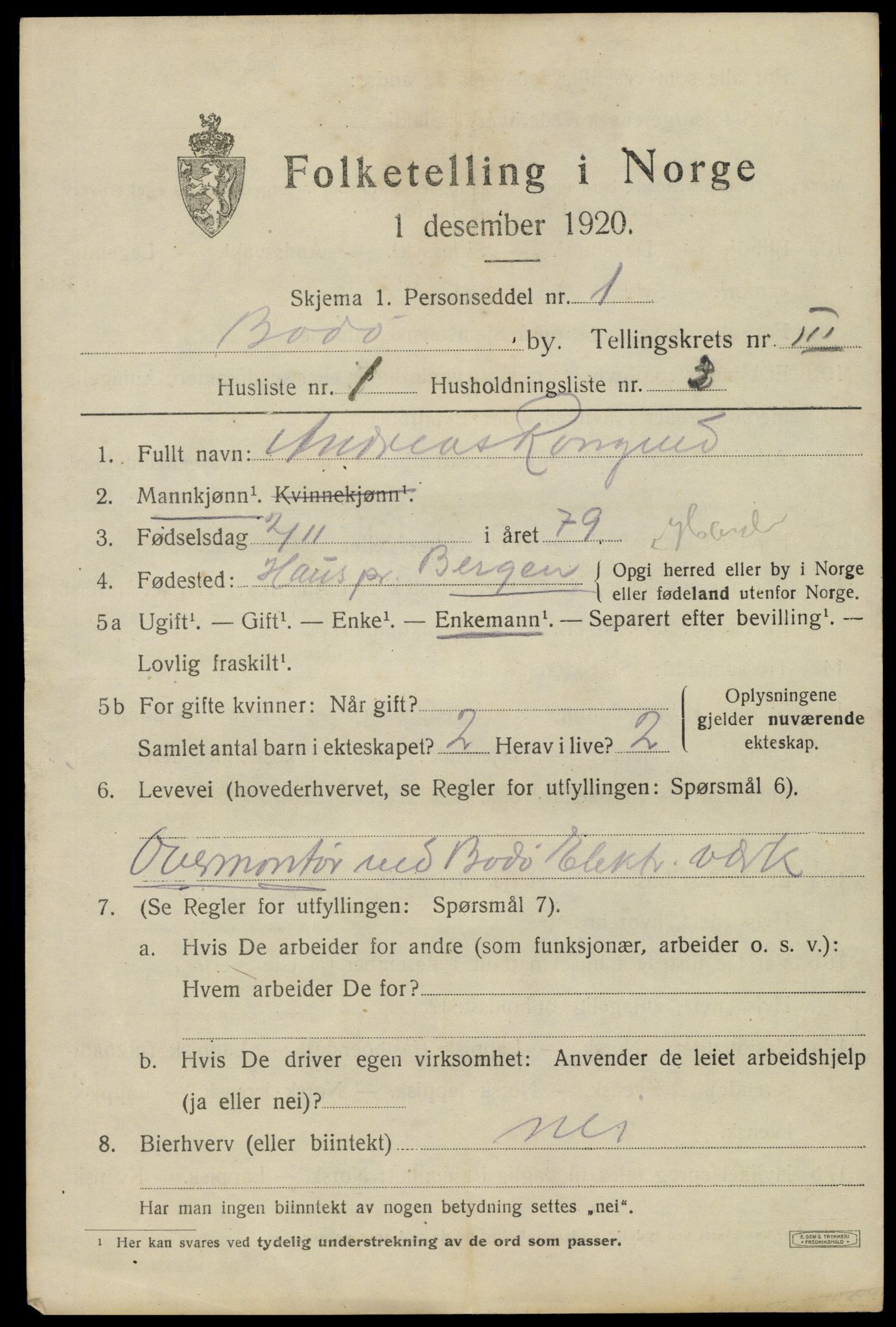 SAT, 1920 census for Bodø, 1920, p. 5685