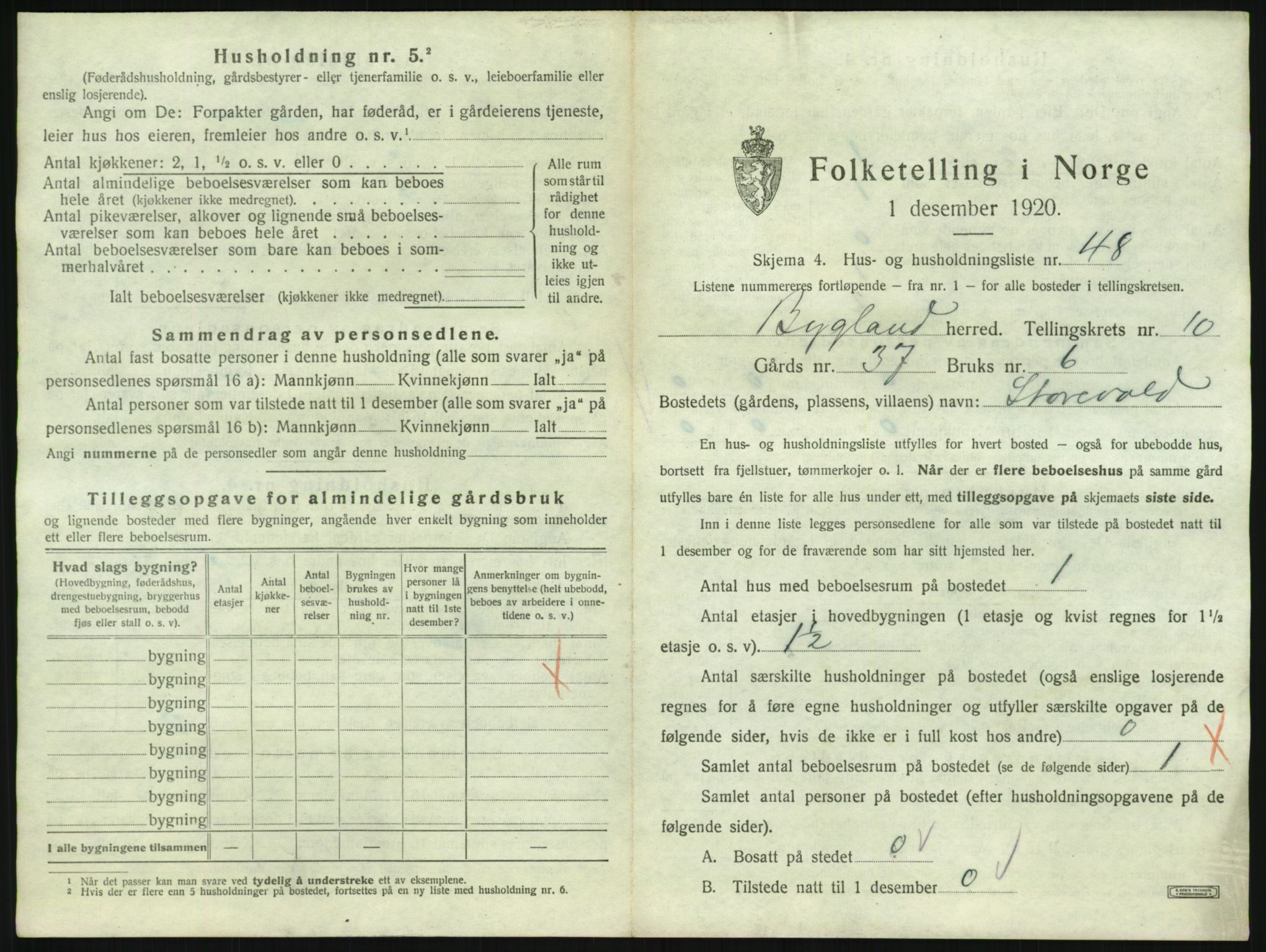 SAK, 1920 census for Bygland, 1920, p. 653