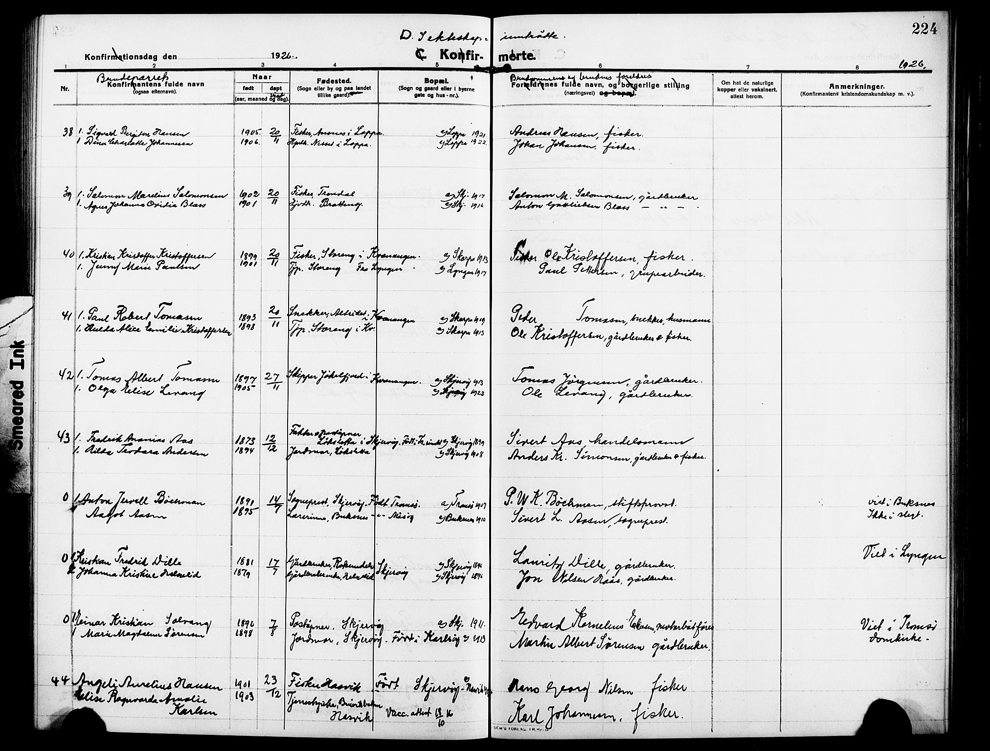 Skjervøy sokneprestkontor, AV/SATØ-S-1300/H/Ha/Hab/L0009klokker: Parish register (copy) no. 9, 1911-1926, p. 224