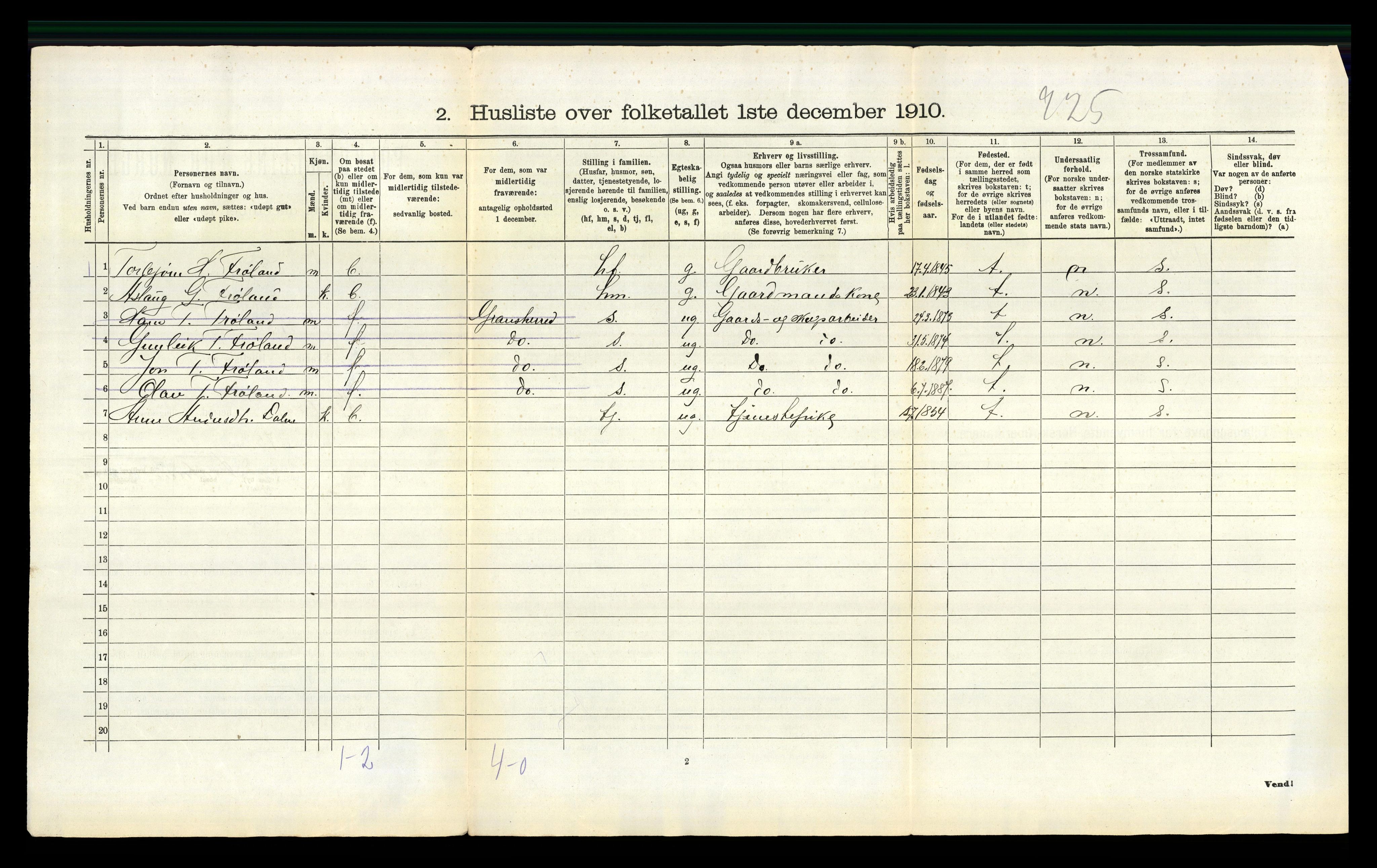 RA, 1910 census for Hjartdal, 1910, p. 407