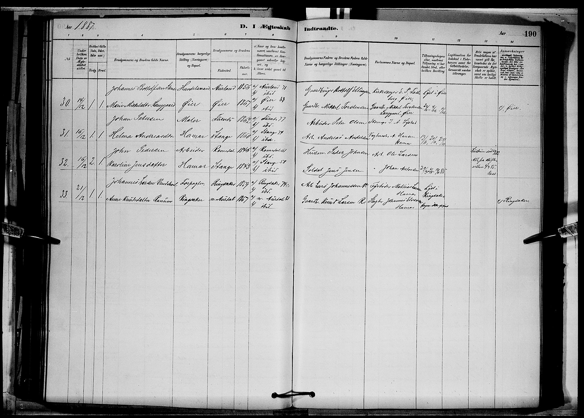 Vang prestekontor, Hedmark, SAH/PREST-008/H/Ha/Hab/L0012: Parish register (copy) no. 12, 1878-1889, p. 190