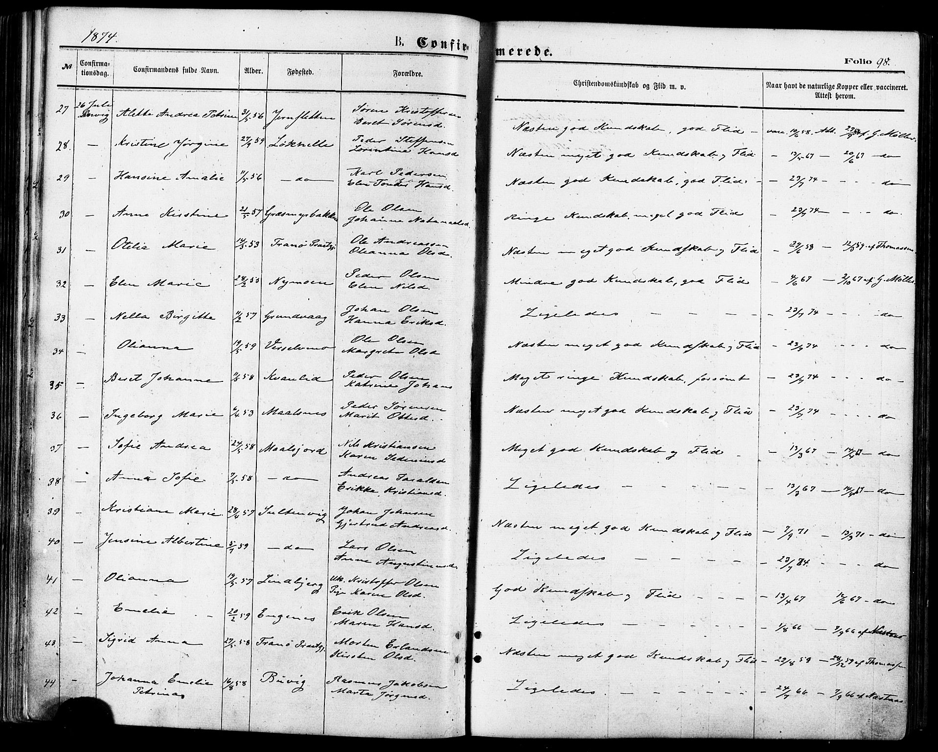 Lenvik sokneprestembete, SATØ/S-1310/H/Ha/Haa/L0010kirke: Parish register (official) no. 10, 1873-1880, p. 98