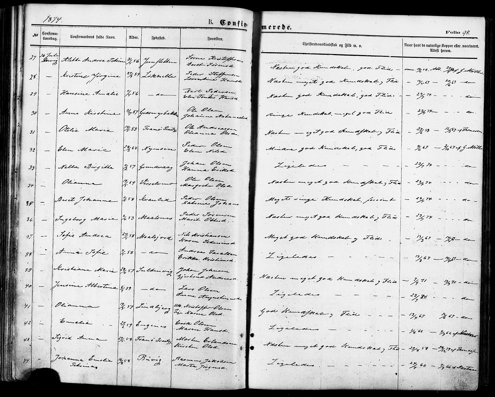 Lenvik sokneprestembete, AV/SATØ-S-1310/H/Ha/Haa/L0010kirke: Parish register (official) no. 10, 1873-1880, p. 98