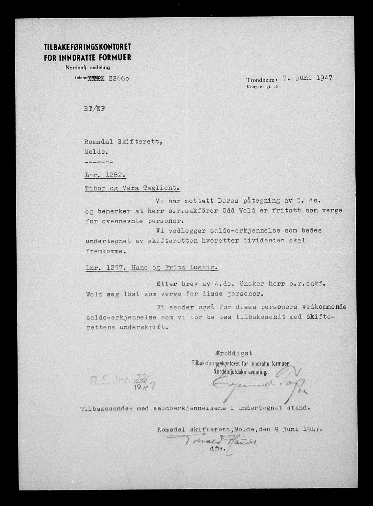 Justisdepartementet, Tilbakeføringskontoret for inndratte formuer, AV/RA-S-1564/H/Hc/Hcb/L0915: --, 1945-1947, p. 8