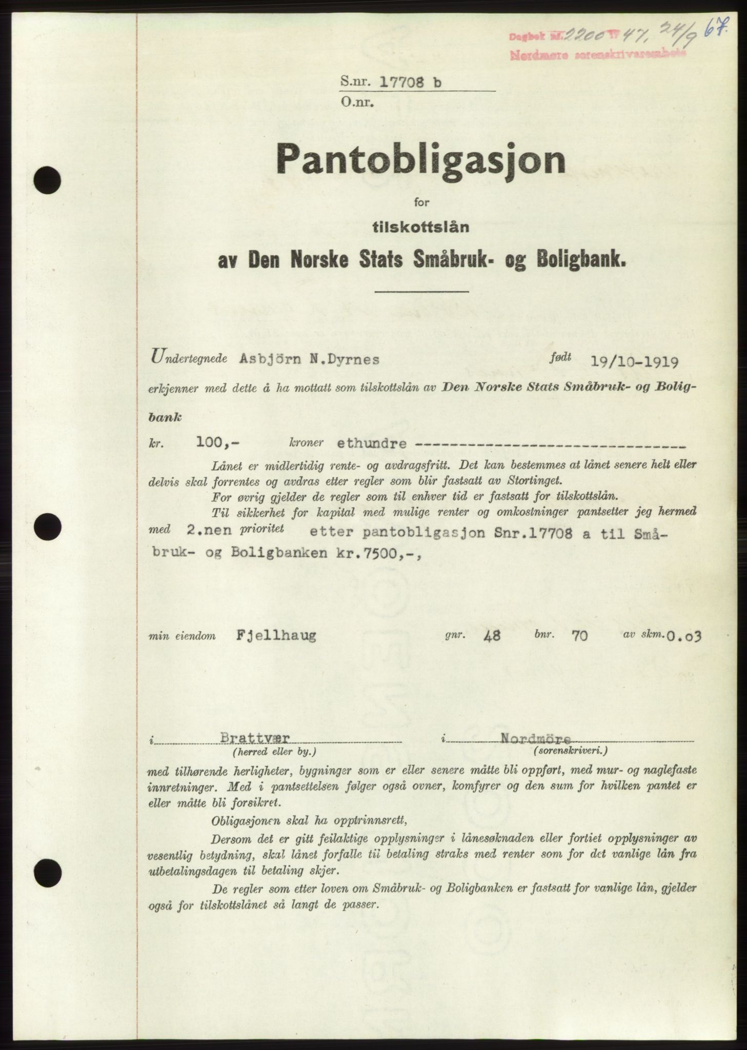 Nordmøre sorenskriveri, AV/SAT-A-4132/1/2/2Ca: Mortgage book no. B97, 1947-1948, Diary no: : 2200/1947