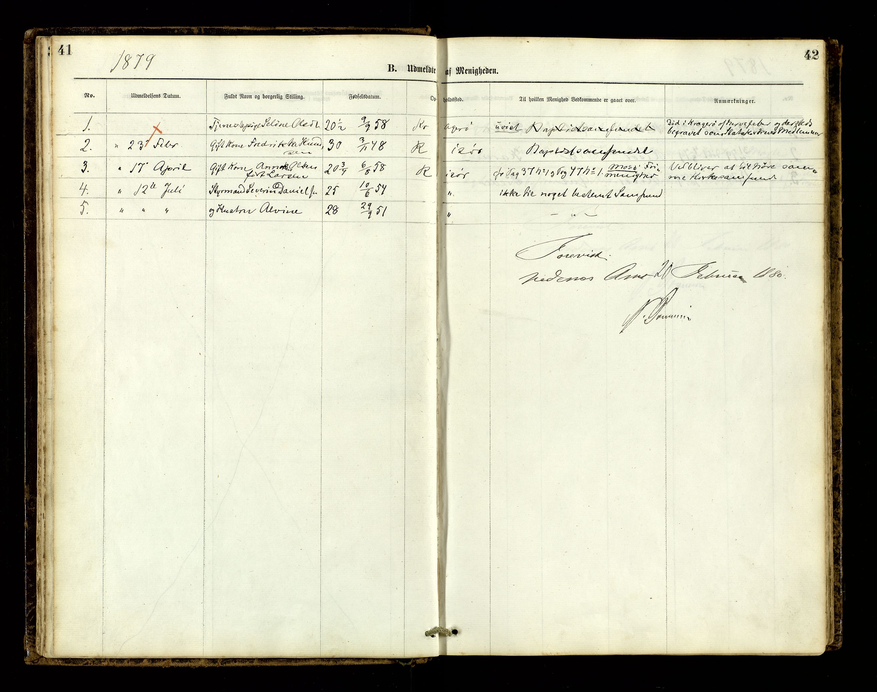 Den evangelisk-lutherske frimenighet, Risør, AV/SAK-1292-0007/F/Fa/L0001: Dissenter register no. F 17, 1877-1892, p. 41-42