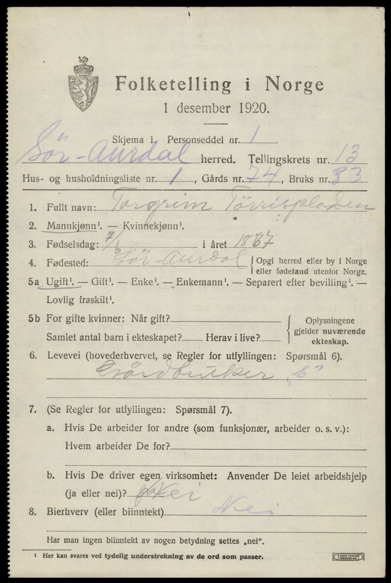 SAH, 1920 census for Sør-Aurdal, 1920, p. 7663