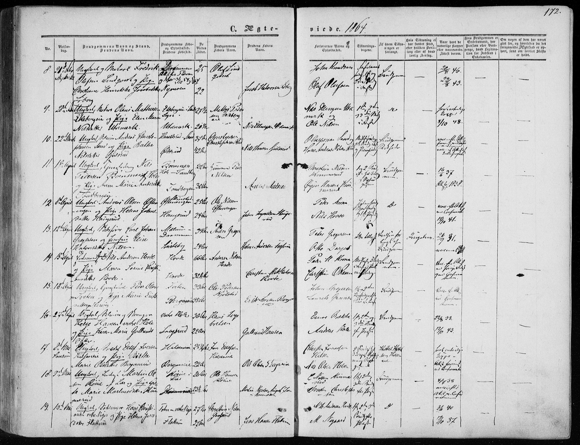 Modum kirkebøker, AV/SAKO-A-234/F/Fa/L0009: Parish register (official) no. 9, 1860-1864, p. 172