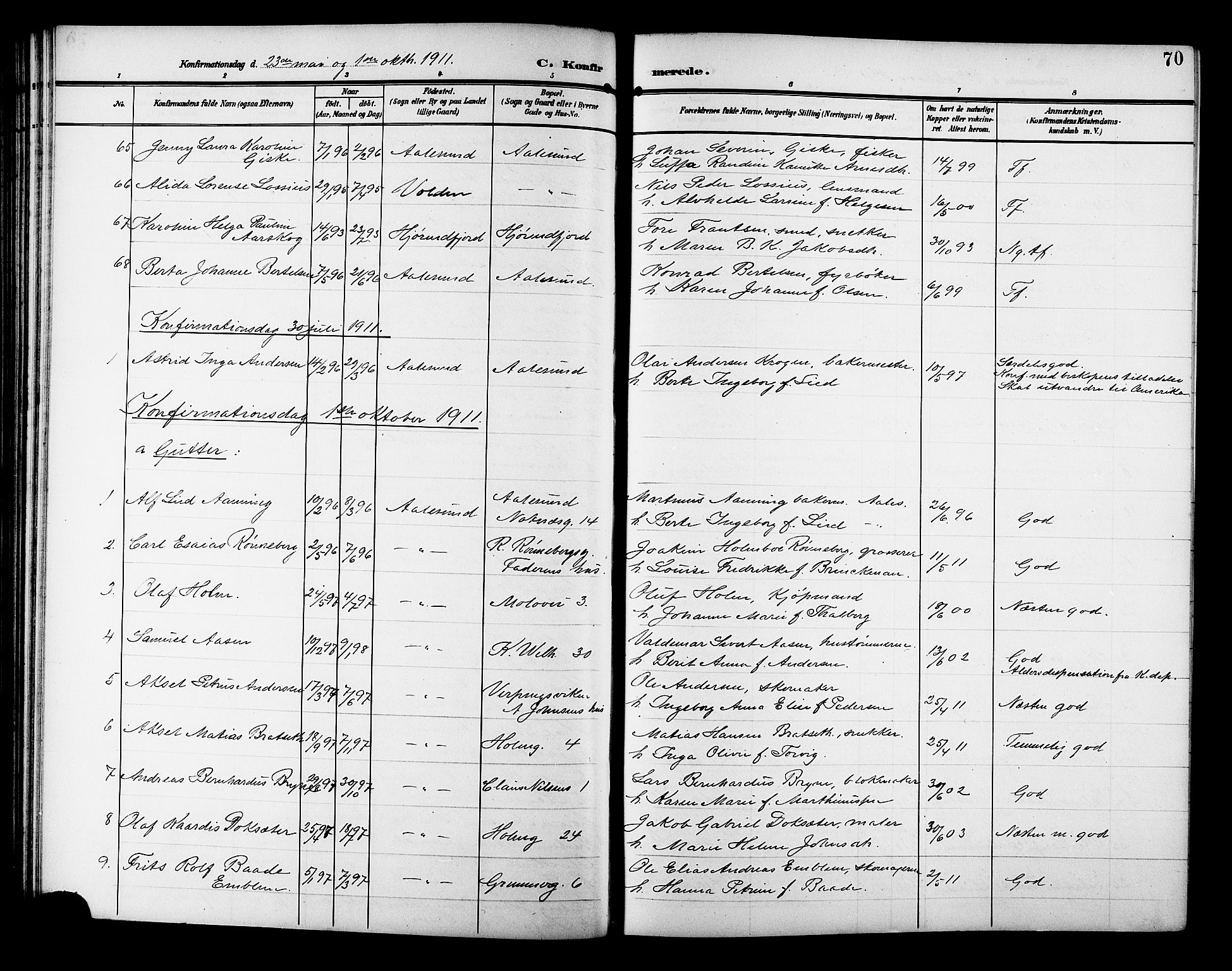 Ministerialprotokoller, klokkerbøker og fødselsregistre - Møre og Romsdal, AV/SAT-A-1454/529/L0470: Parish register (copy) no. 529C07, 1907-1917, p. 70