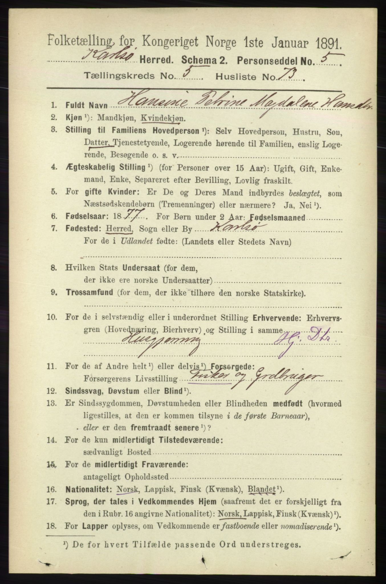 RA, 1891 census for 1936 Karlsøy, 1891, p. 1795