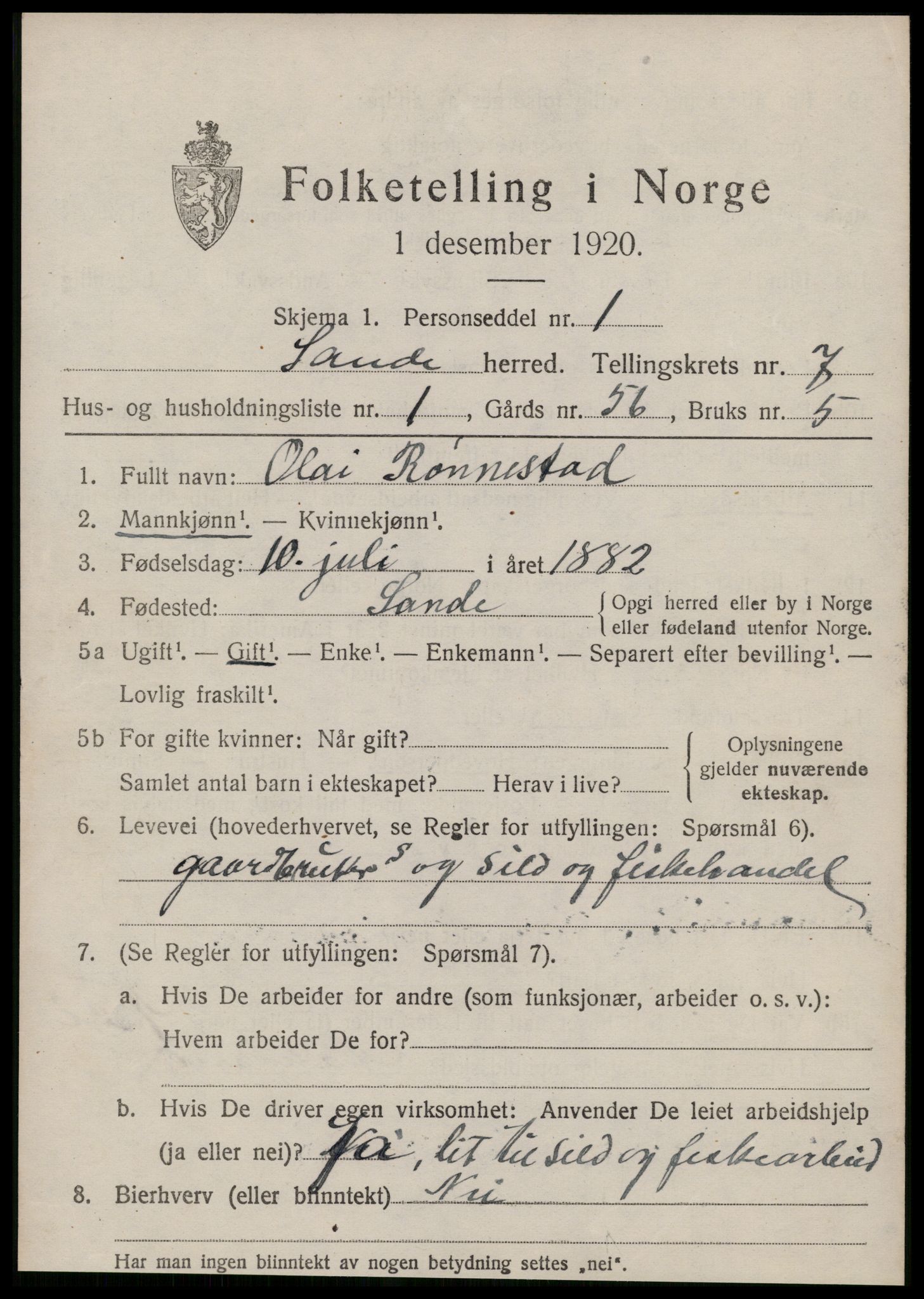 SAT, 1920 census for Sande (MR), 1920, p. 4270