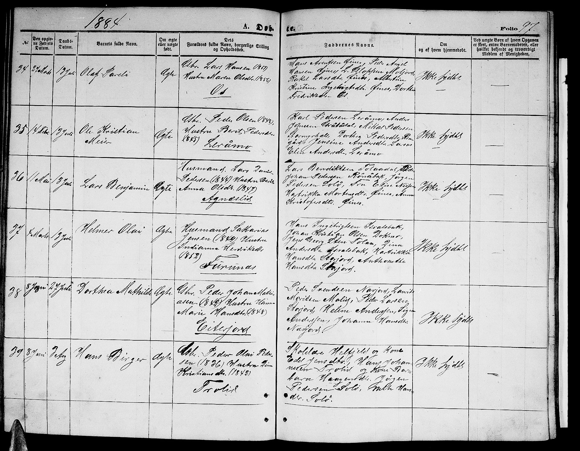 Ministerialprotokoller, klokkerbøker og fødselsregistre - Nordland, AV/SAT-A-1459/846/L0653: Parish register (copy) no. 846C03, 1872-1887, p. 97