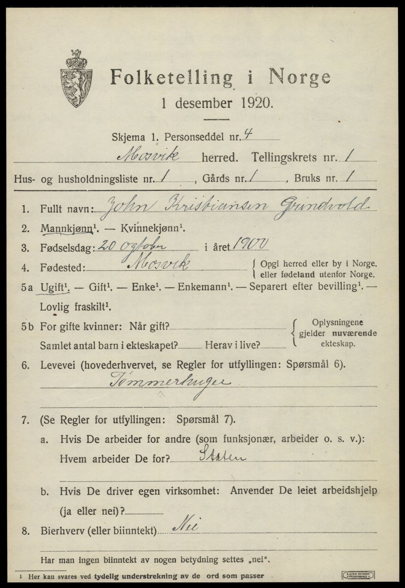 SAT, 1920 census for Mosvik, 1920, p. 380