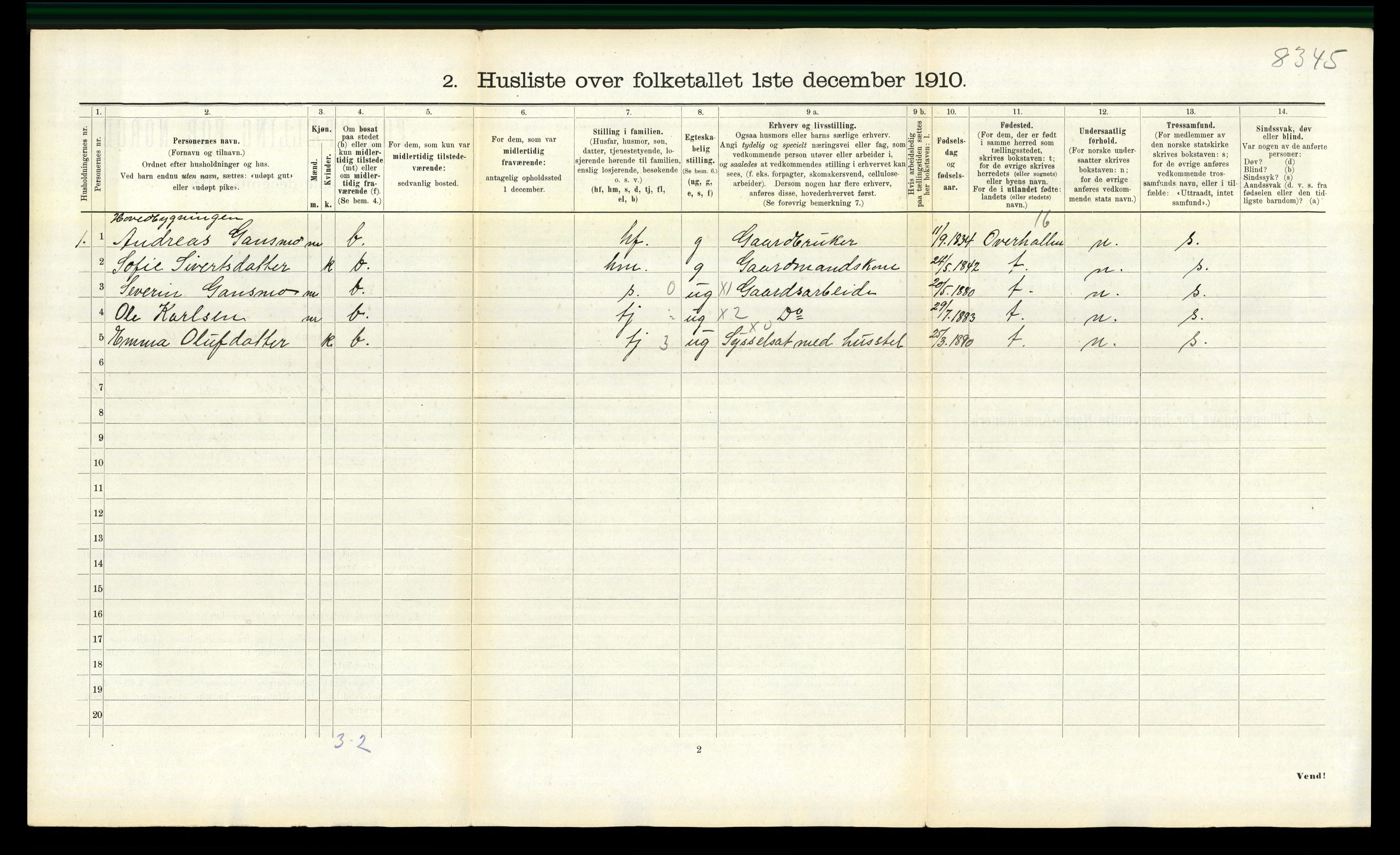 RA, 1910 census for Fosnes, 1910, p. 738