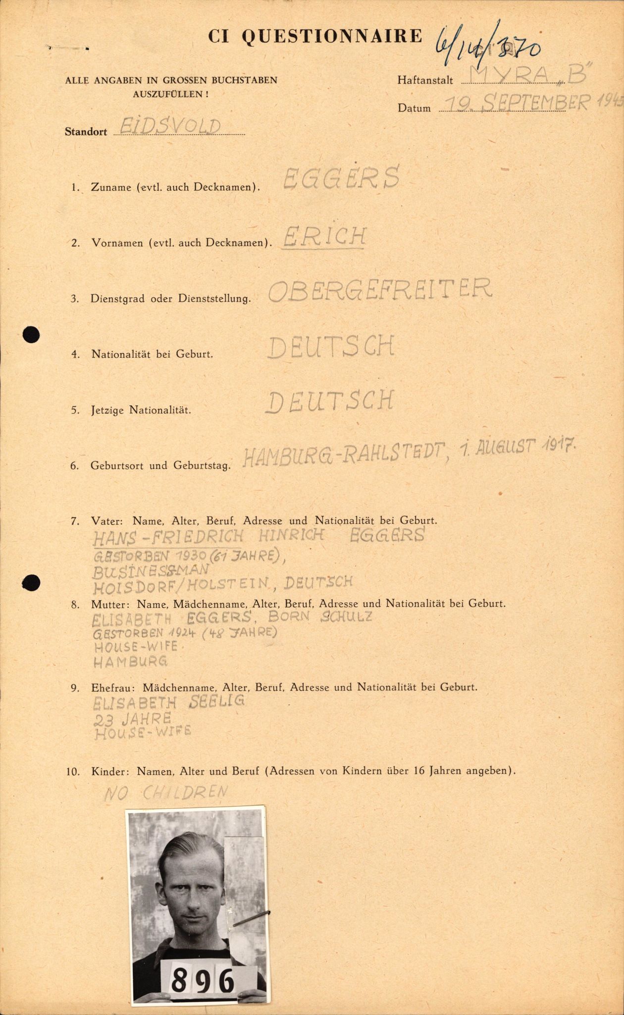 Forsvaret, Forsvarets overkommando II, AV/RA-RAFA-3915/D/Db/L0007: CI Questionaires. Tyske okkupasjonsstyrker i Norge. Tyskere., 1945-1946, p. 65