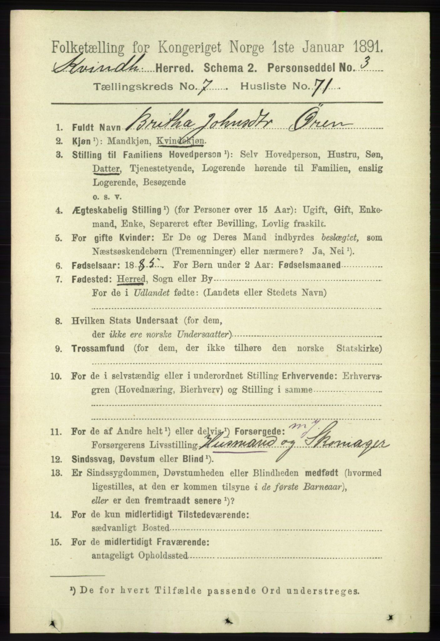 RA, 1891 census for 1224 Kvinnherad, 1891, p. 2916