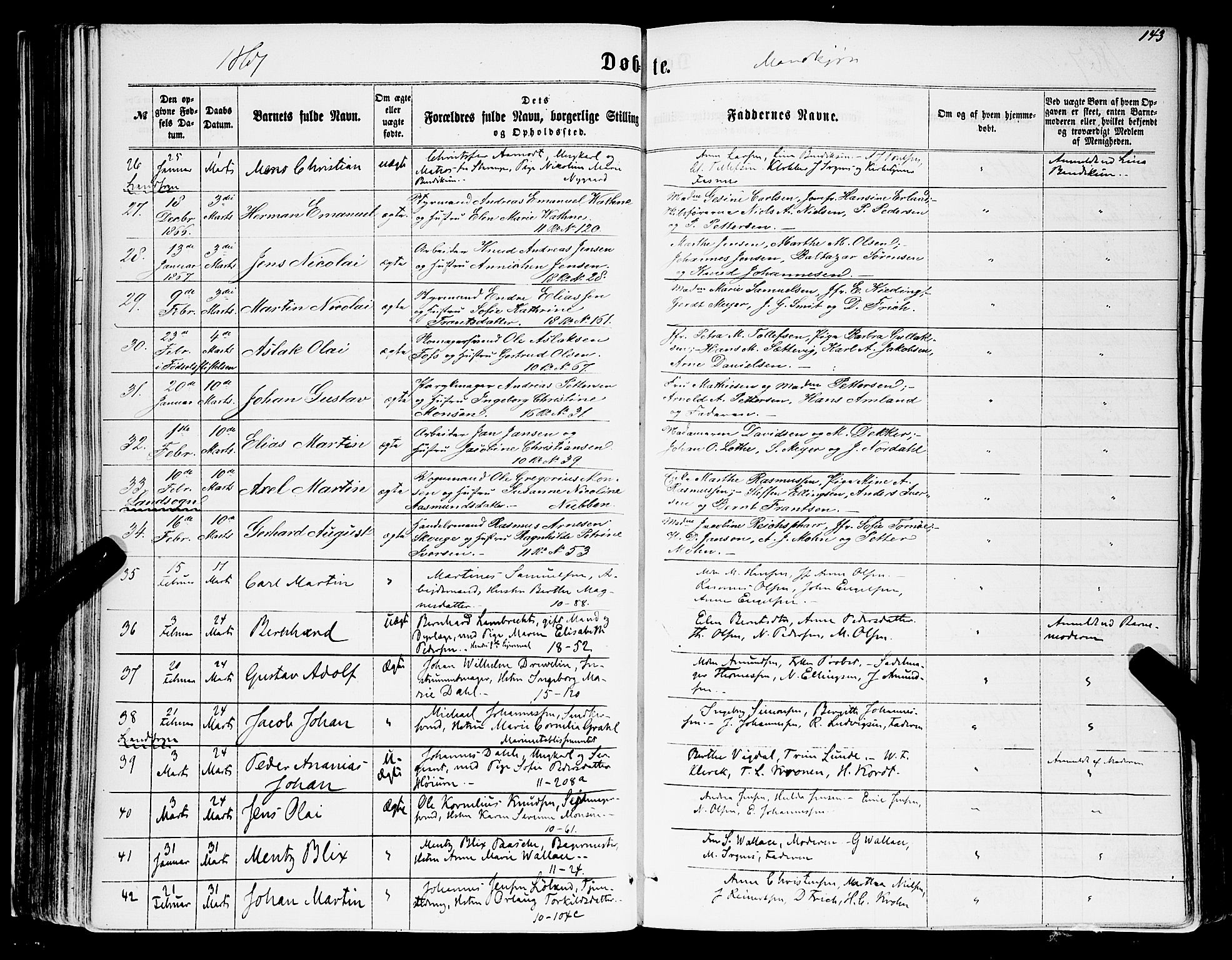 Domkirken sokneprestembete, SAB/A-74801/H/Haa/L0021: Parish register (official) no. B 4, 1859-1871, p. 143