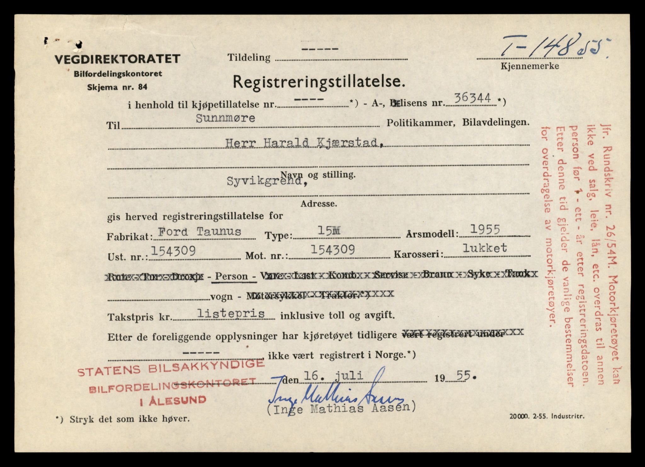 Møre og Romsdal vegkontor - Ålesund trafikkstasjon, AV/SAT-A-4099/F/Fe/L0048: Registreringskort for kjøretøy T 14721 - T 14863, 1927-1998, p. 3105