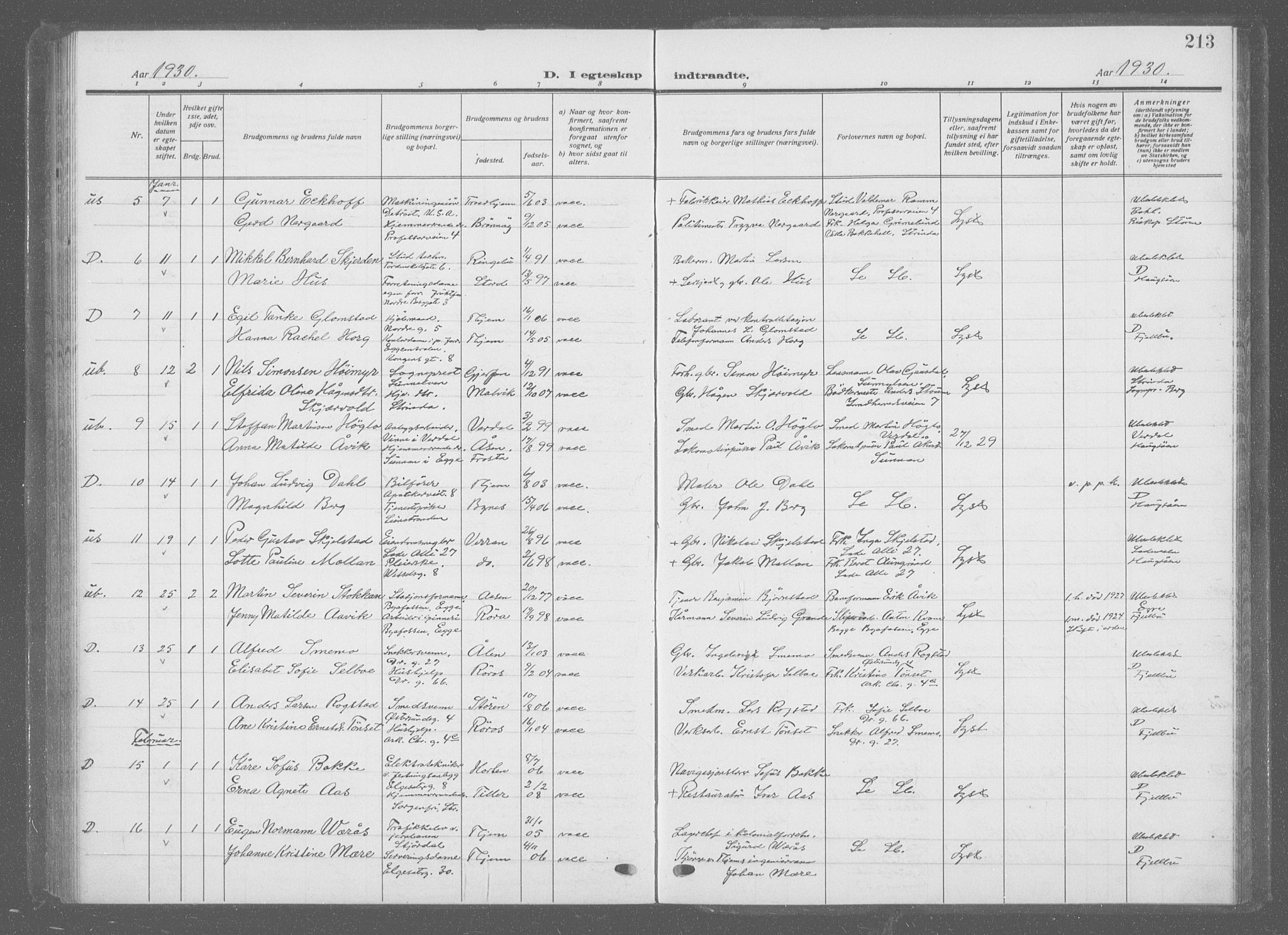Ministerialprotokoller, klokkerbøker og fødselsregistre - Sør-Trøndelag, SAT/A-1456/601/L0098: Parish register (copy) no. 601C16, 1921-1934, p. 213