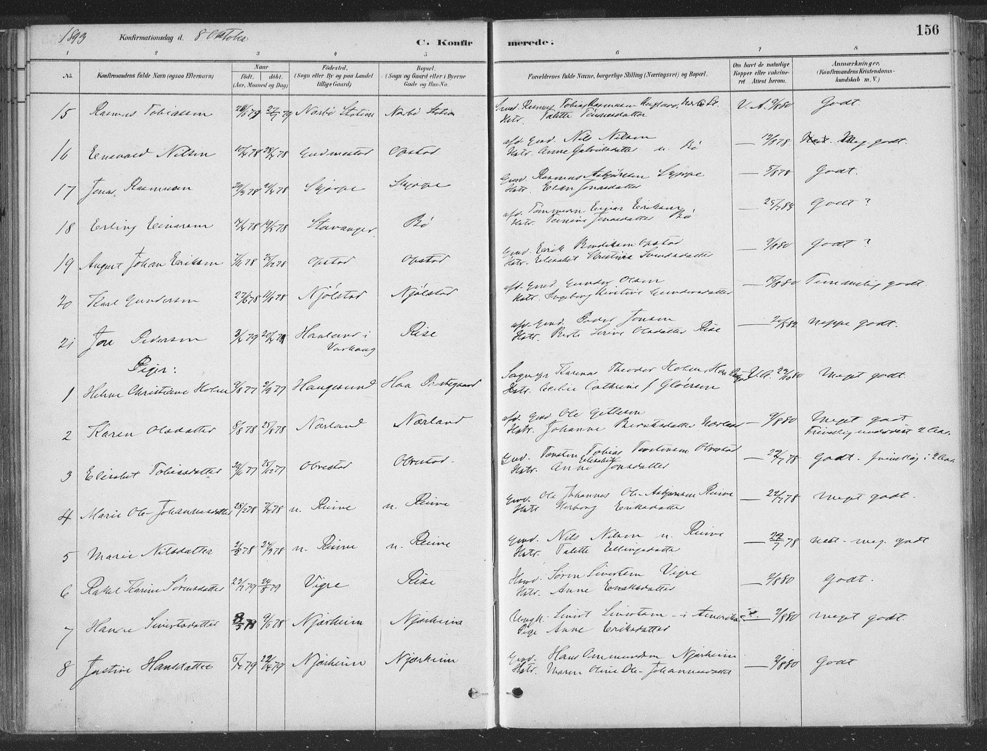 Hå sokneprestkontor, SAST/A-101801/001/30BA/L0010: Parish register (official) no. A 9, 1879-1896, p. 156