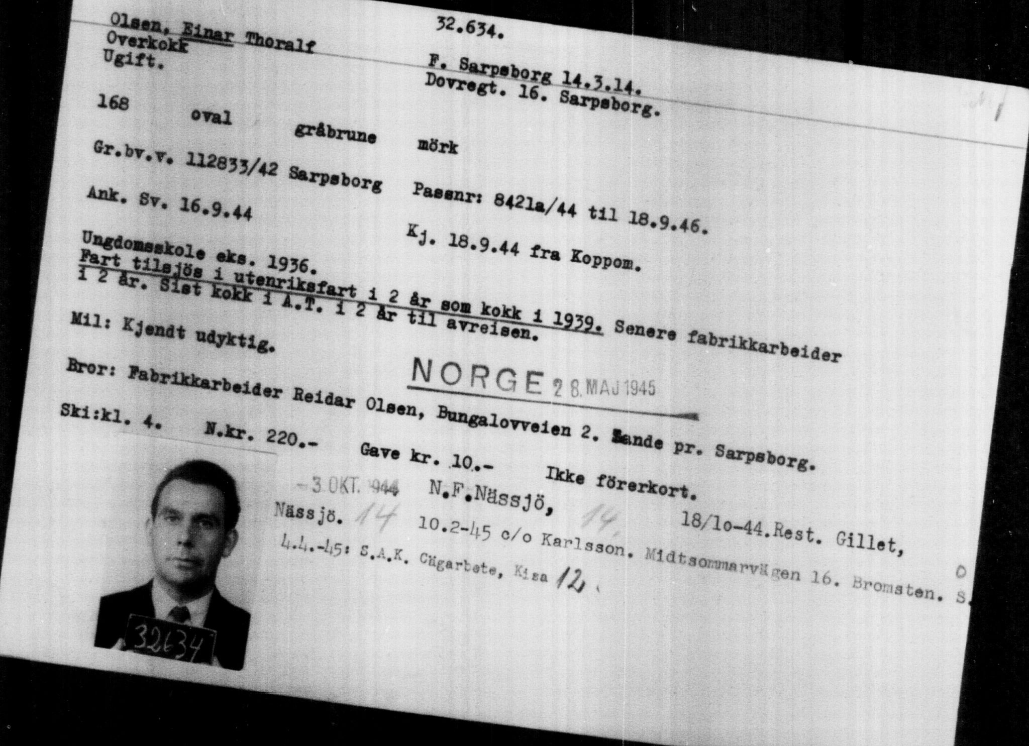 Utenriksstasjonene, Legasjonen i Stockholm, Flyktningkontoret, AV/RA-S-6753/V/Va/L0013: Kjesäterkartoteket, flyktninger med registreringsnr. 31500-34731, 1940-1945, p. 1197