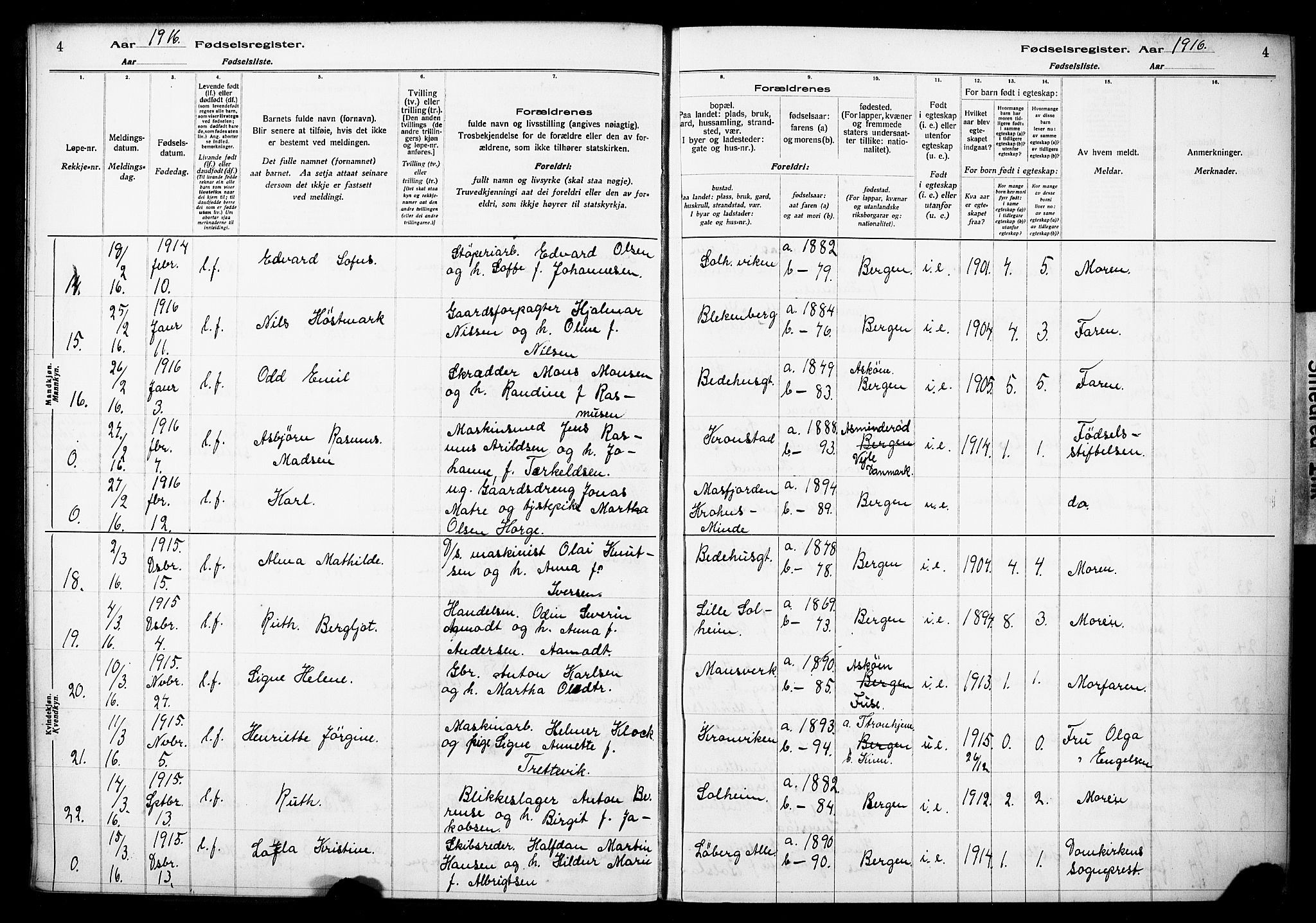 Årstad Sokneprestembete, AV/SAB-A-79301/I/Id/L0A01: Birth register no. A 1, 1916-1920, p. 4