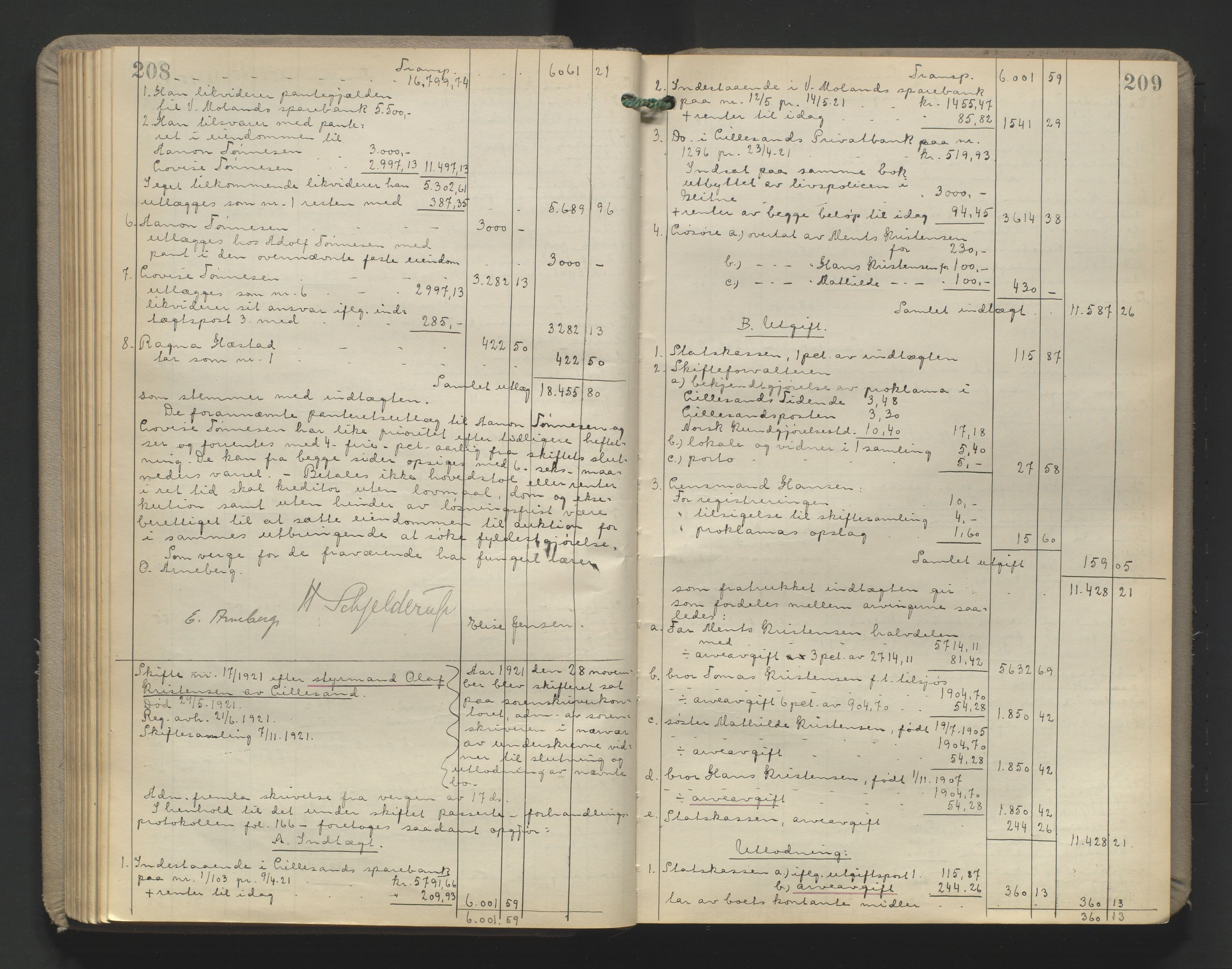 Vestre Nedenes/Sand sorenskriveri, AV/SAK-1221-0010/H/Hc/L0022: Skifteutlodningsprotokoll nr. 9, 1919-1932, p. 208-209