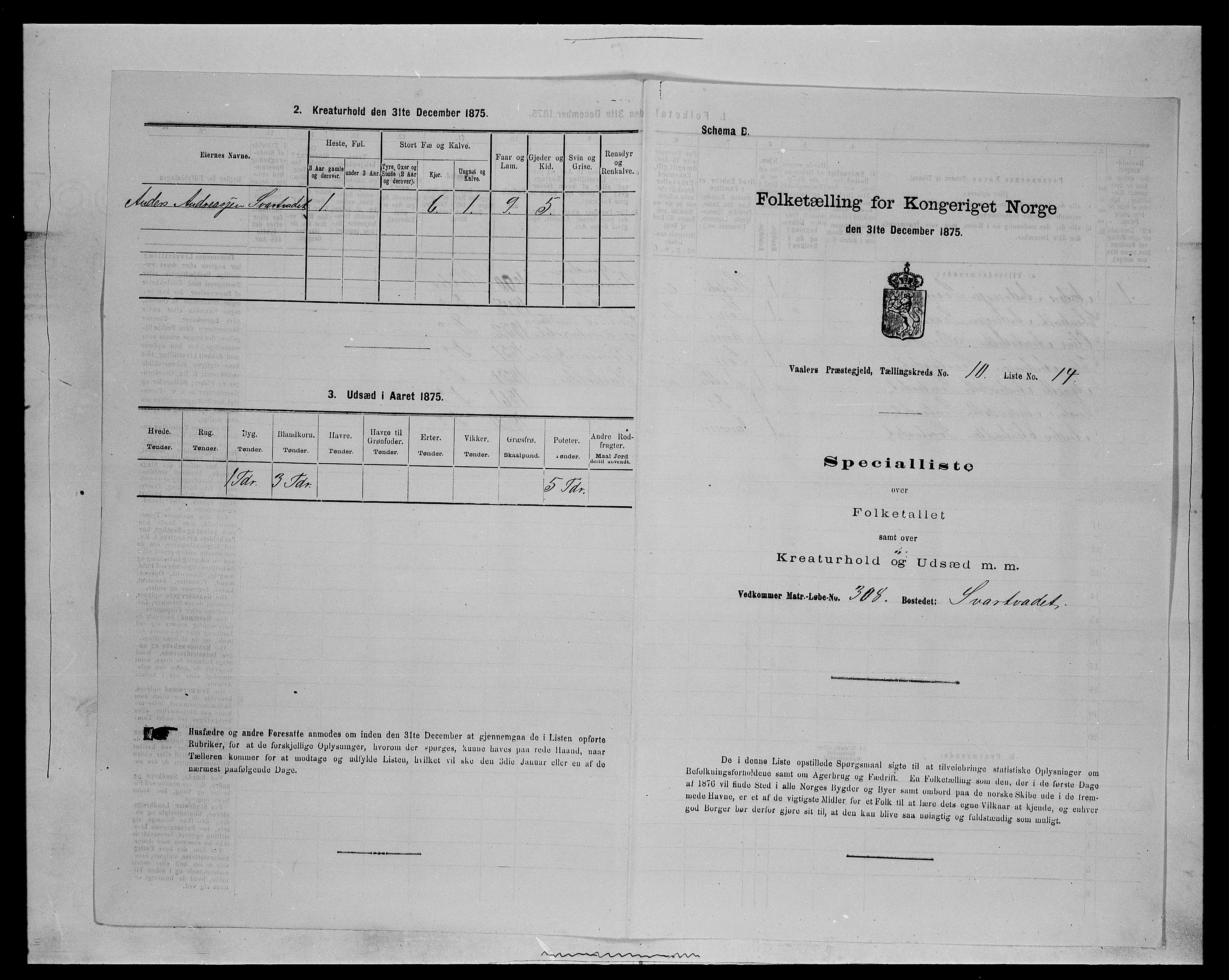 SAH, 1875 census for 0426P Våler parish (Hedmark), 1875, p. 1316