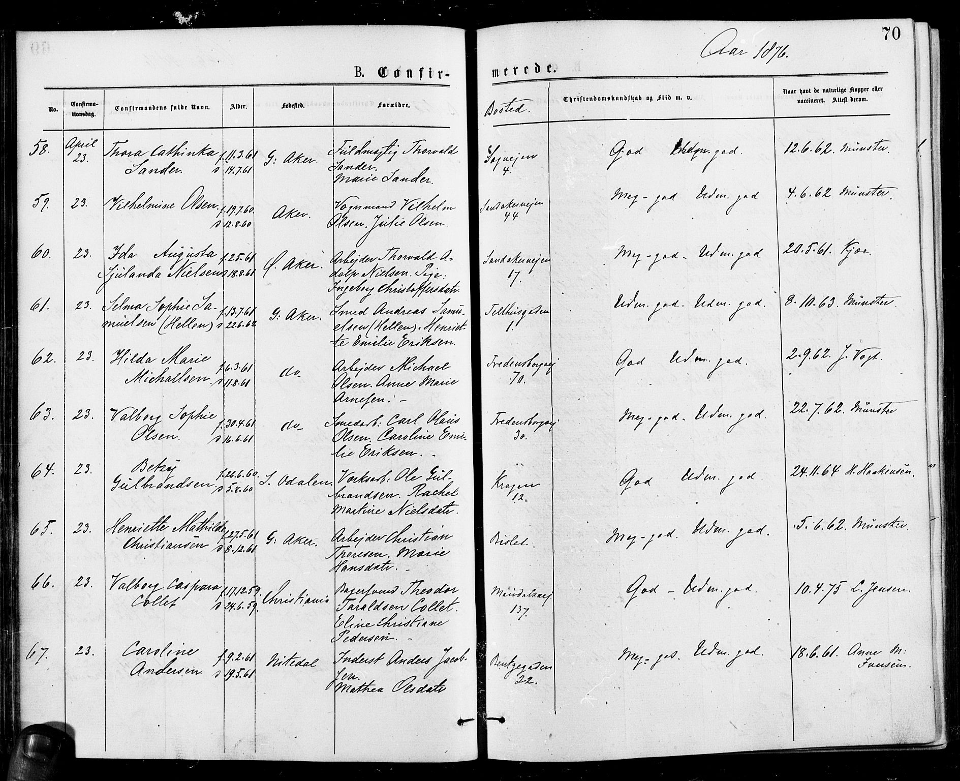 Gamle Aker prestekontor Kirkebøker, SAO/A-10617a/F/L0005: Parish register (official) no. 5, 1873-1881, p. 70