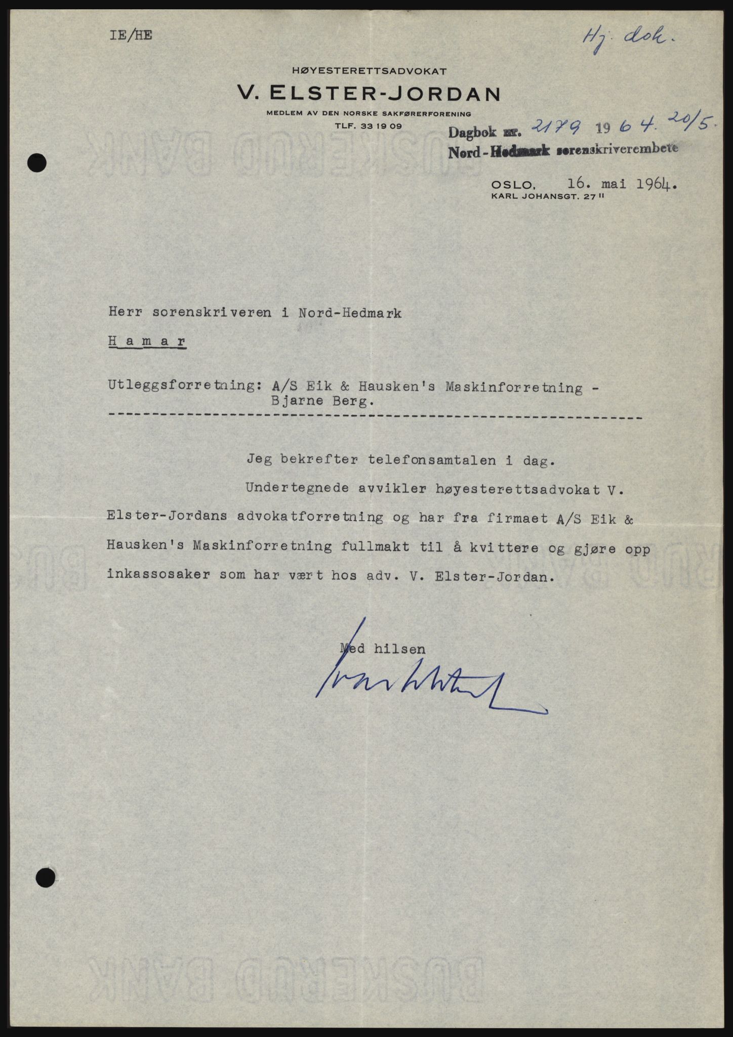 Nord-Hedmark sorenskriveri, SAH/TING-012/H/Hc/L0019: Mortgage book no. 19, 1963-1964, Diary no: : 2179/1964