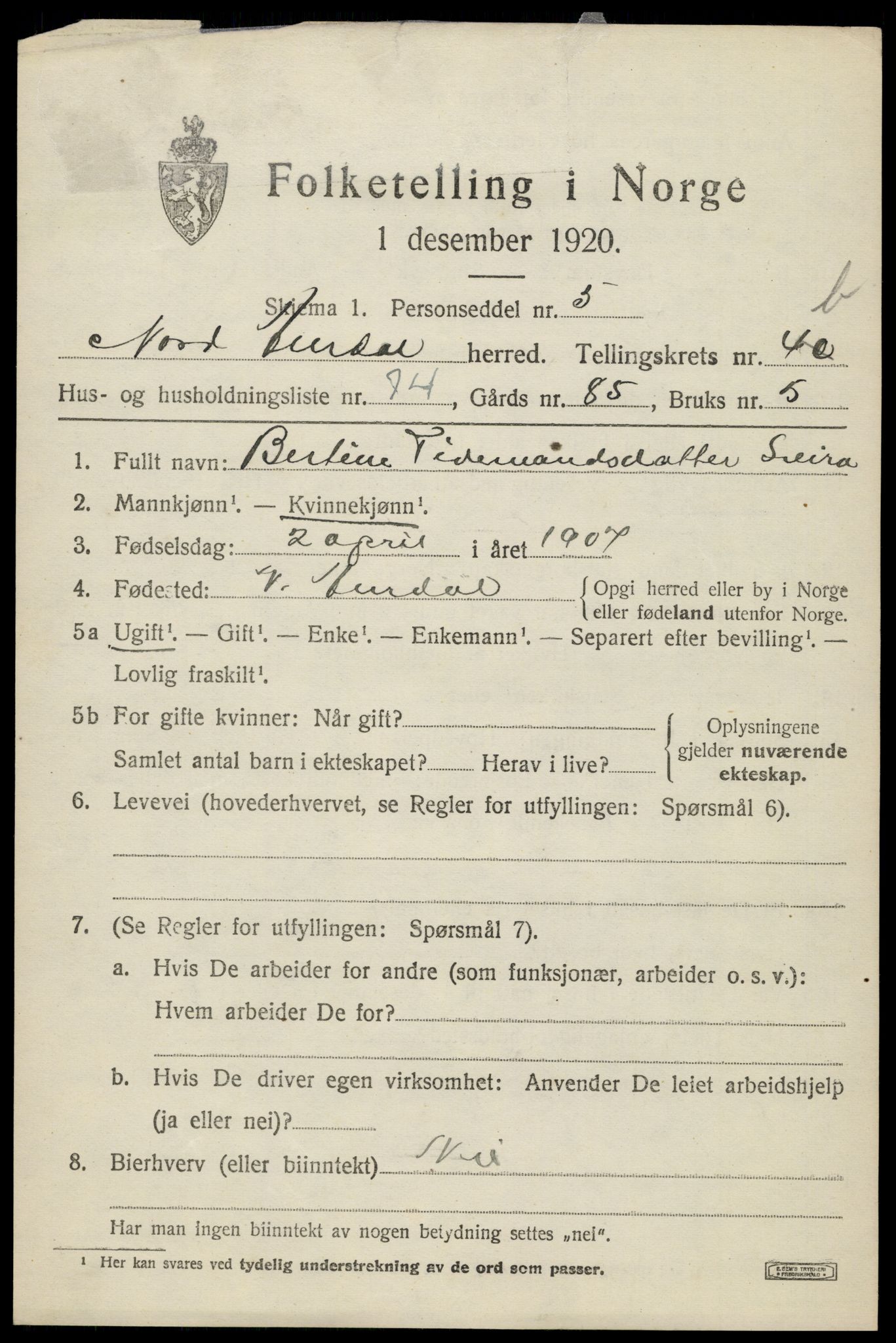 SAH, 1920 census for Nord-Aurdal, 1920, p. 4586