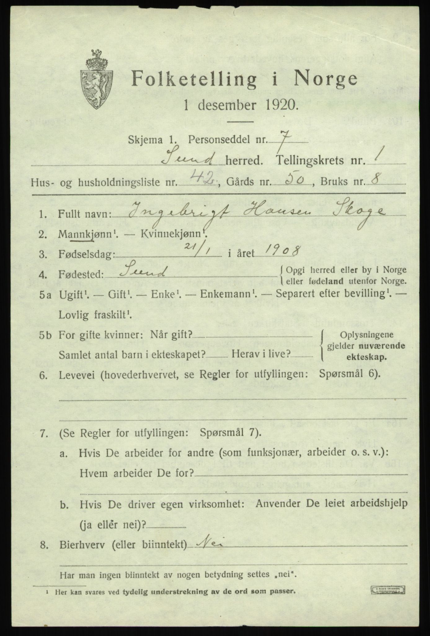 SAB, 1920 census for Sund, 1920, p. 1491