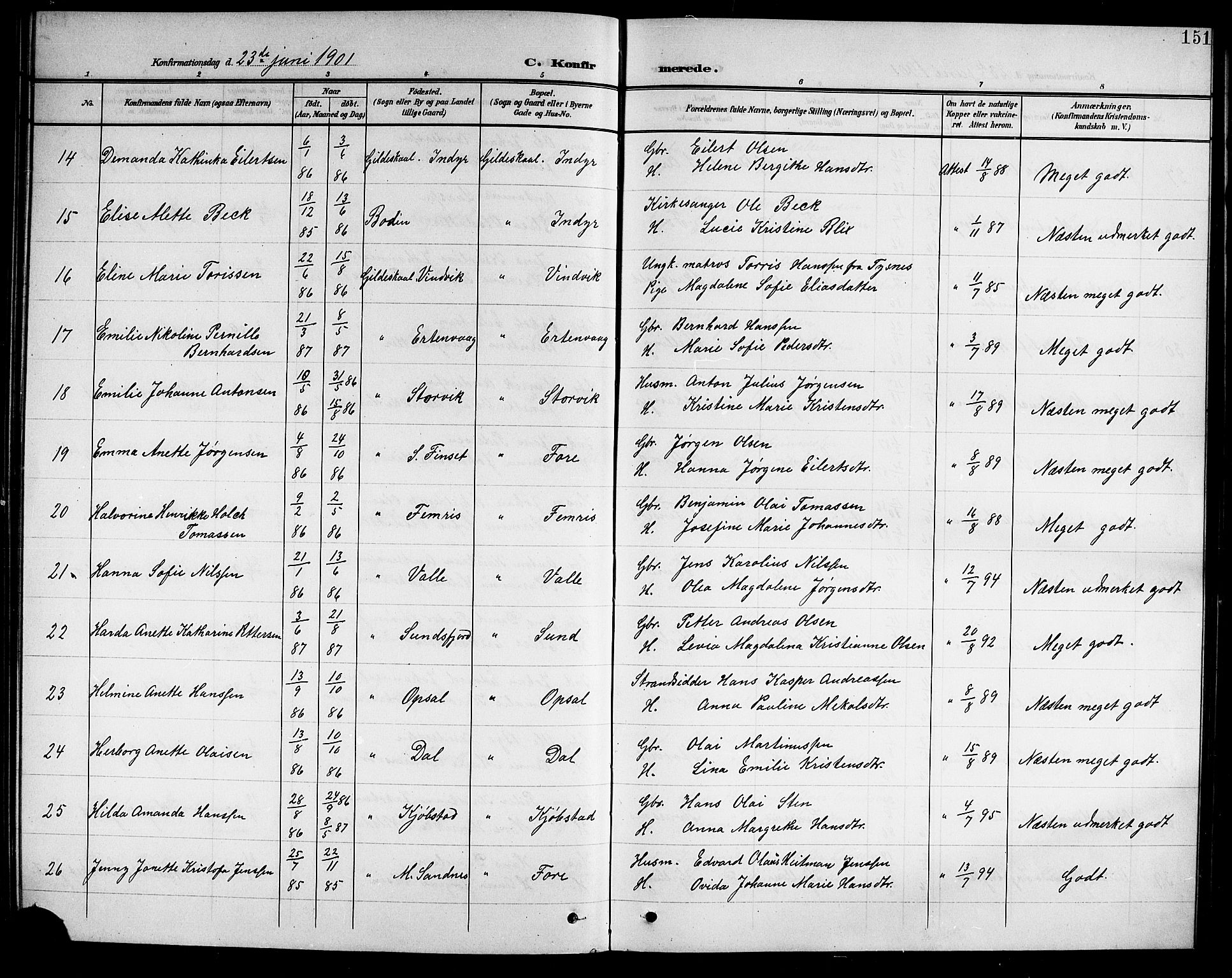 Ministerialprotokoller, klokkerbøker og fødselsregistre - Nordland, AV/SAT-A-1459/805/L0109: Parish register (copy) no. 805C05, 1900-1911, p. 151