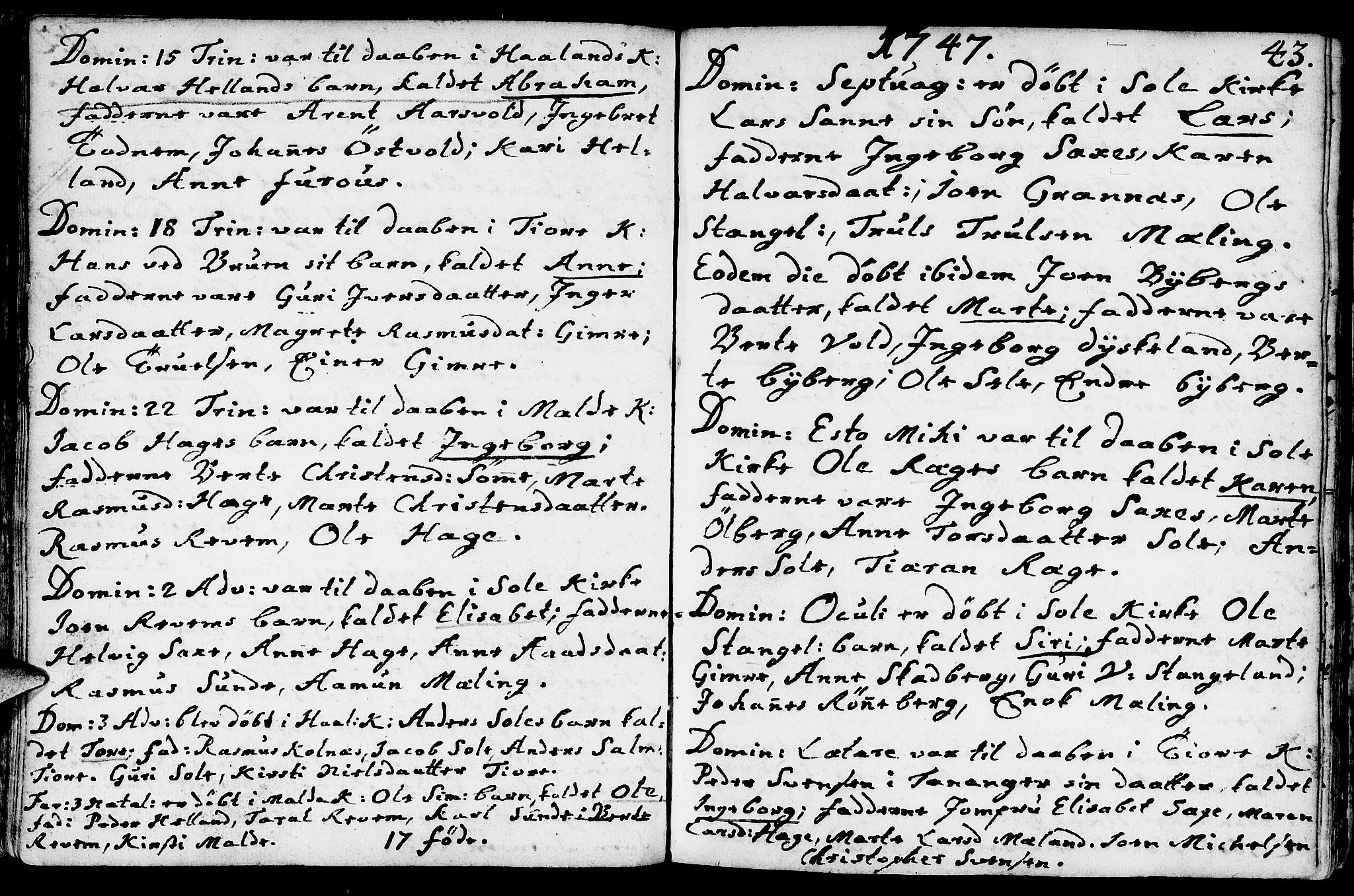 Håland sokneprestkontor, AV/SAST-A-101802/001/30BA/L0002: Parish register (official) no. A 2, 1722-1794, p. 43