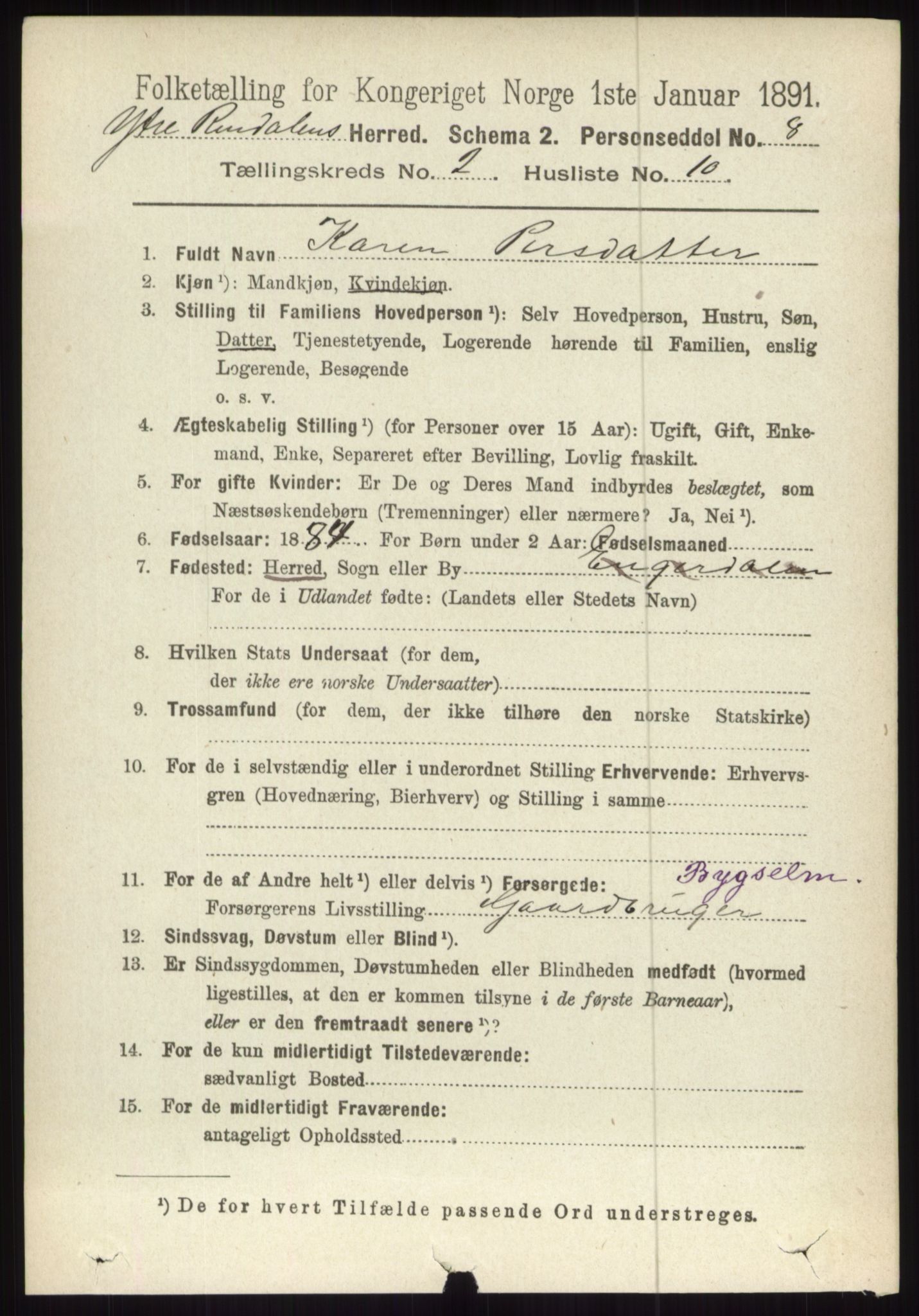 RA, 1891 census for 0432 Ytre Rendal, 1891, p. 365