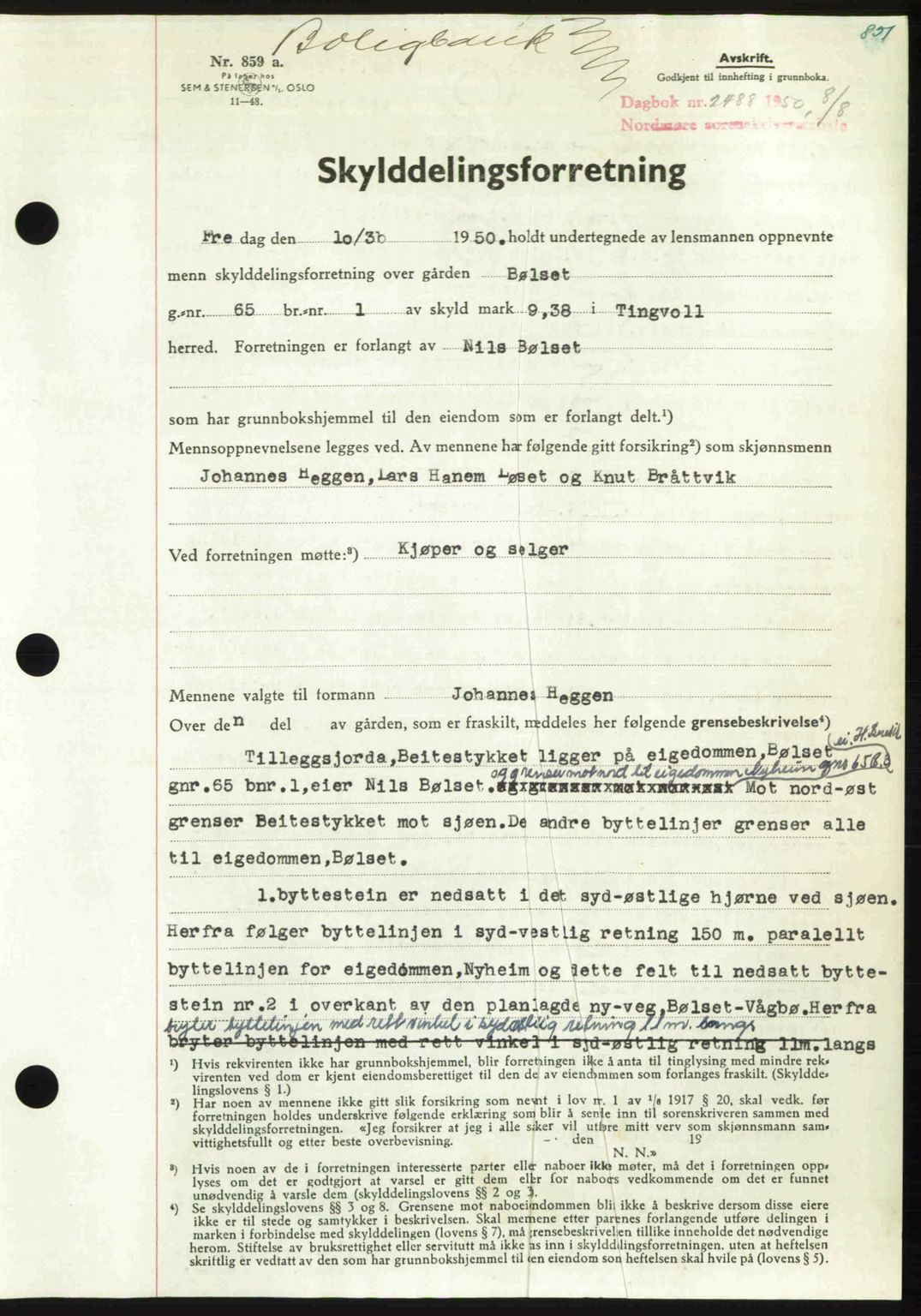 Nordmøre sorenskriveri, AV/SAT-A-4132/1/2/2Ca: Mortgage book no. A115, 1950-1950, Diary no: : 2488/1950