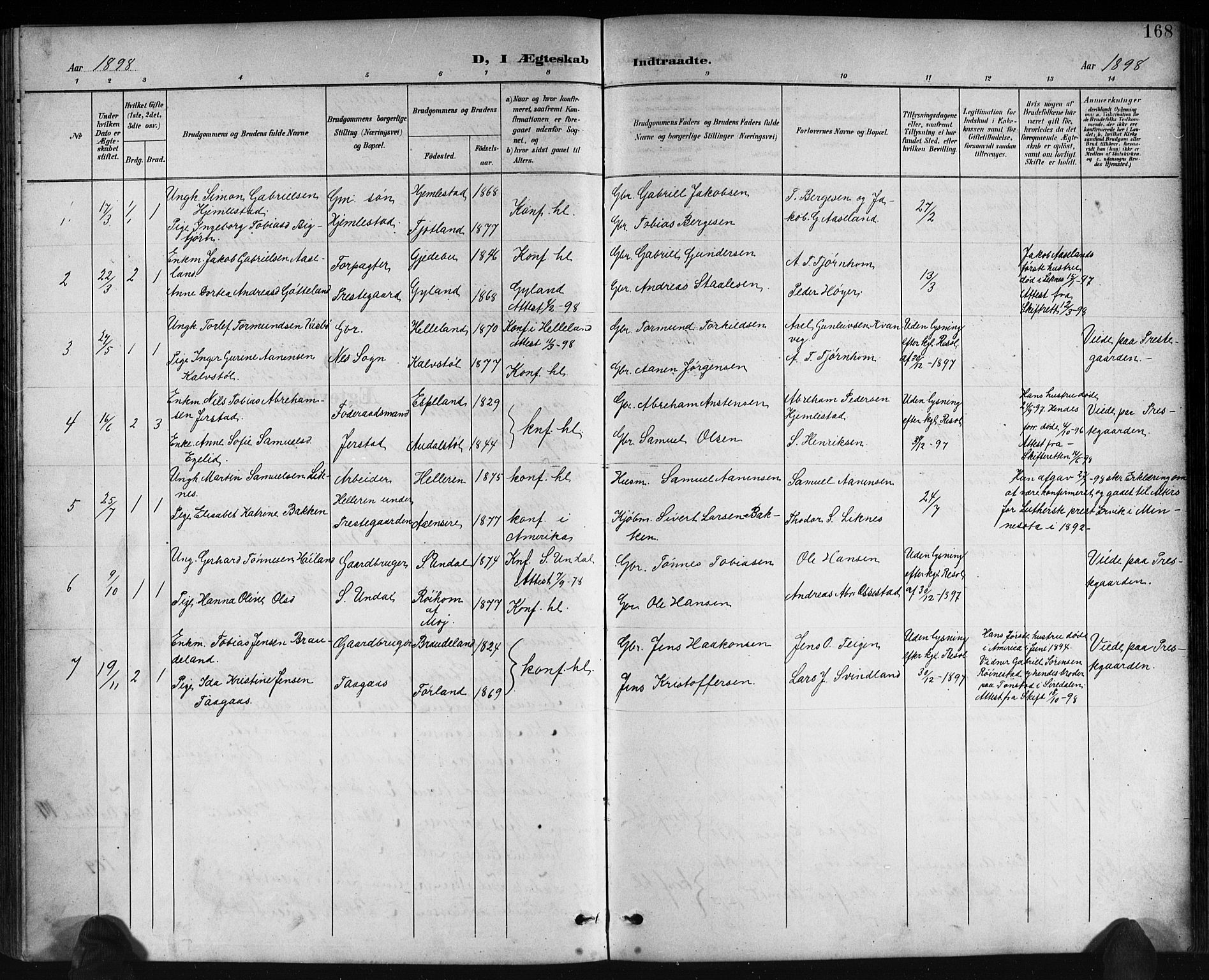 Kvinesdal sokneprestkontor, AV/SAK-1111-0026/F/Fb/Fbb/L0003: Parish register (copy) no. B 3, 1898-1916, p. 168