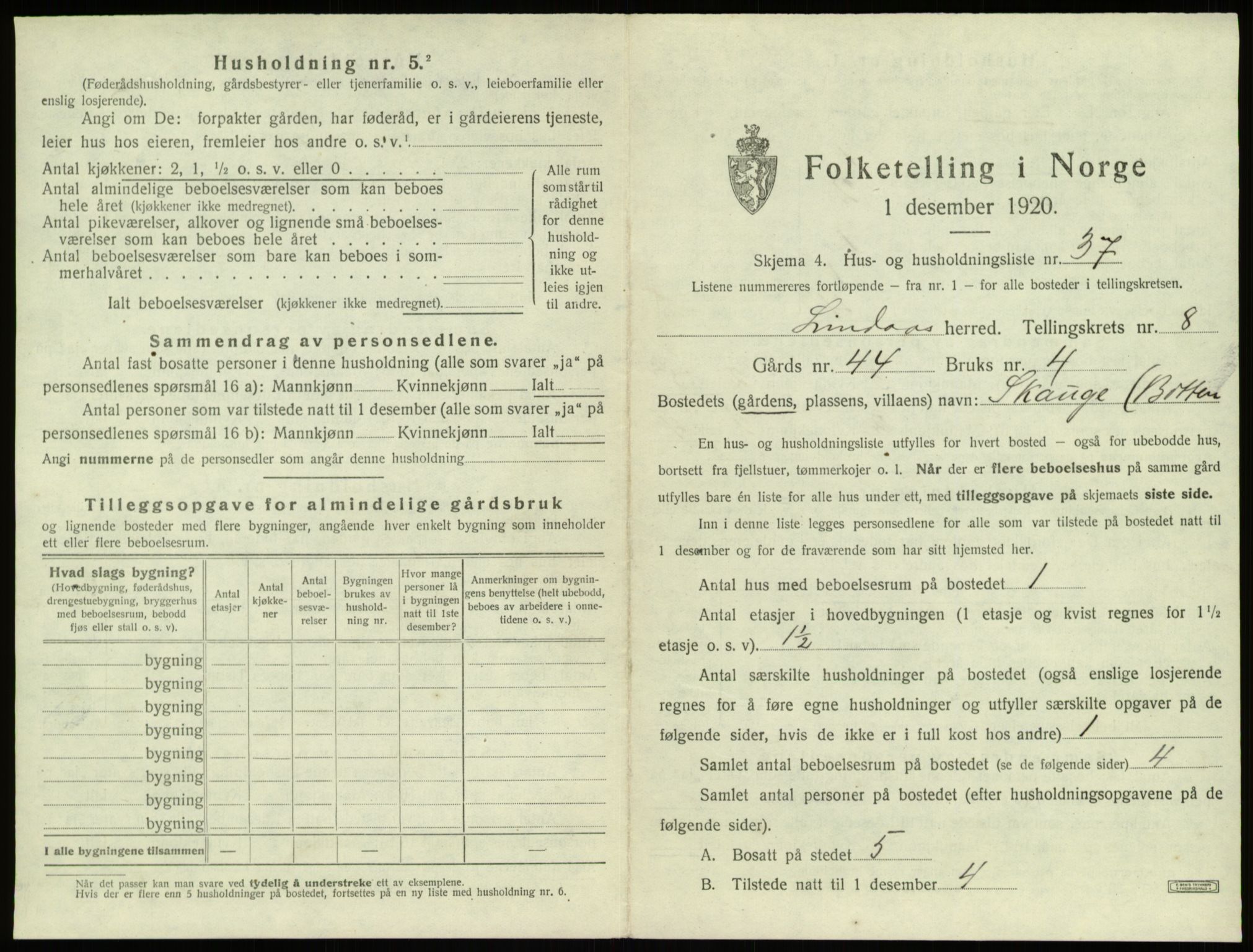 SAB, 1920 census for Lindås, 1920, p. 580