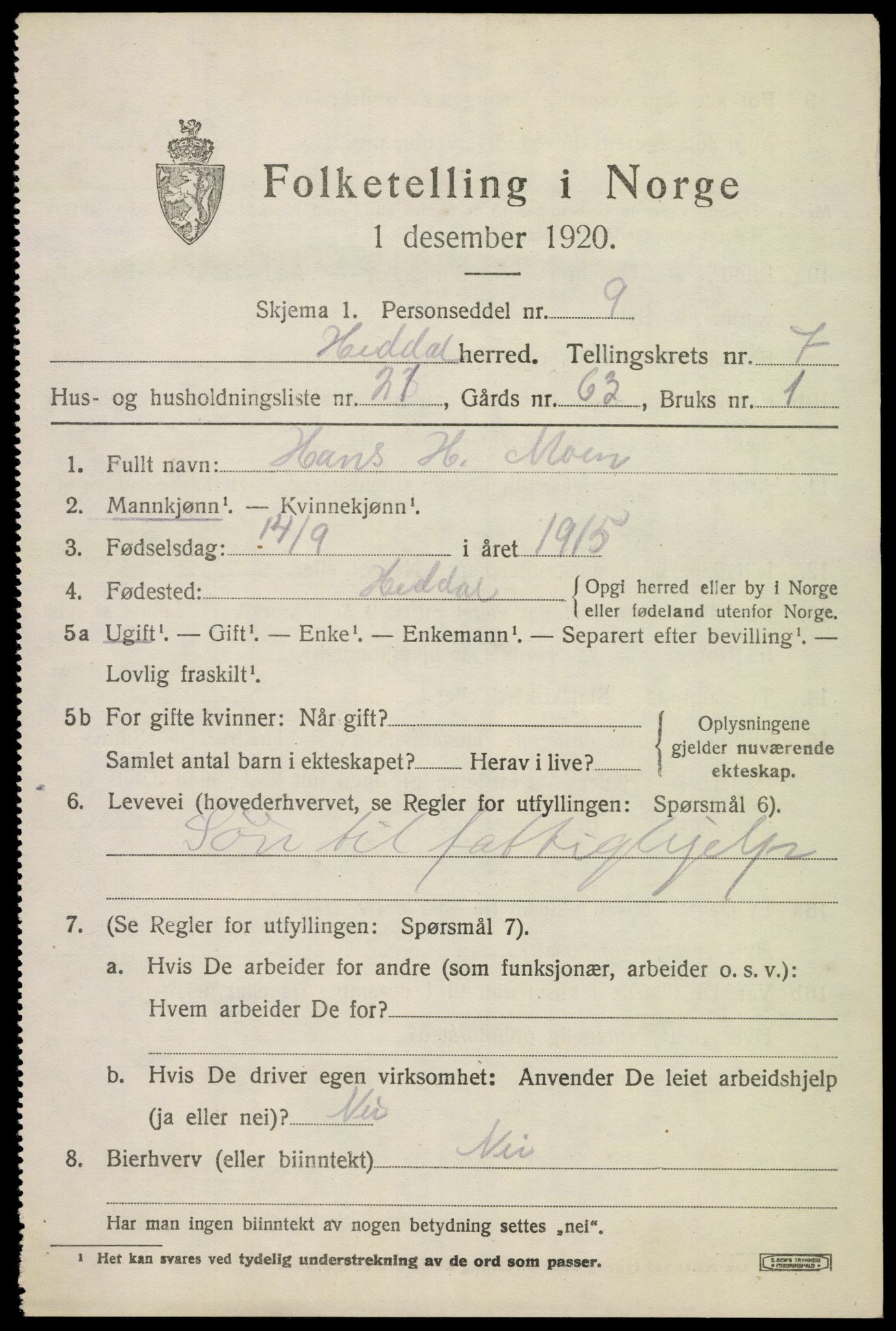 SAKO, 1920 census for Heddal, 1920, p. 5660