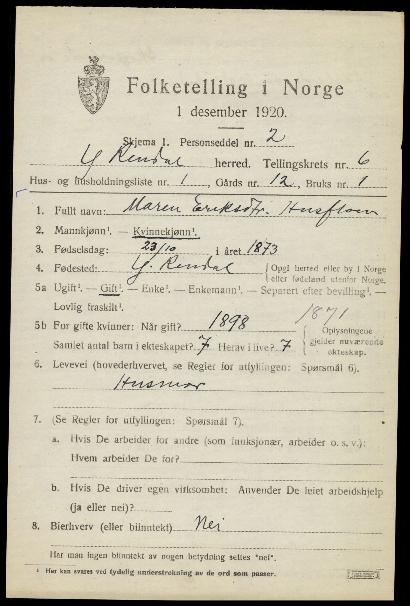 SAH, 1920 census for Ytre Rendal, 1920, p. 3319