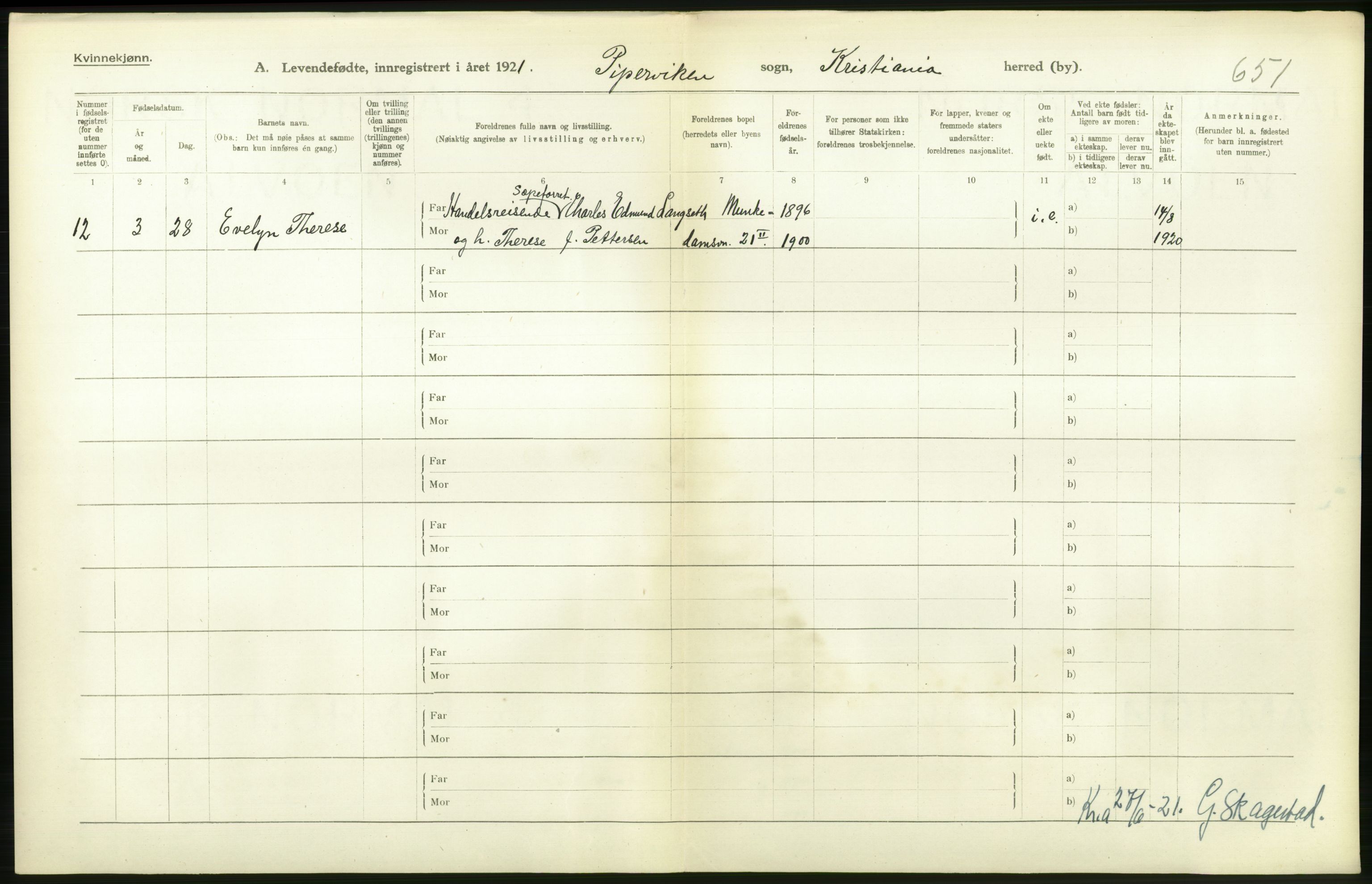 Statistisk sentralbyrå, Sosiodemografiske emner, Befolkning, RA/S-2228/D/Df/Dfc/Dfca/L0009: Kristiania: Levendefødte menn og kvinner., 1921, p. 332